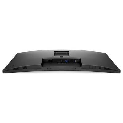 Rückansicht eines gebogenen Computerbildschirms mit mehreren Anschlüssen, darunter HDMI, USB und Netzsteckeranschluss.