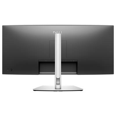 Rückansicht eines schwarzen Computerbildschirms mit grauem Standfuß, Markenlogo oben mittig.