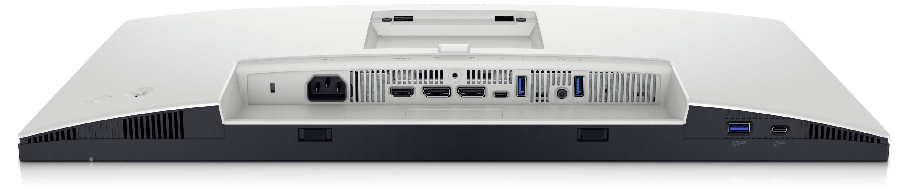 Rückseite eines Monitors mit verschiedenen Anschlüssen, darunter HDMI, DisplayPort, USB und Netzanschluss.