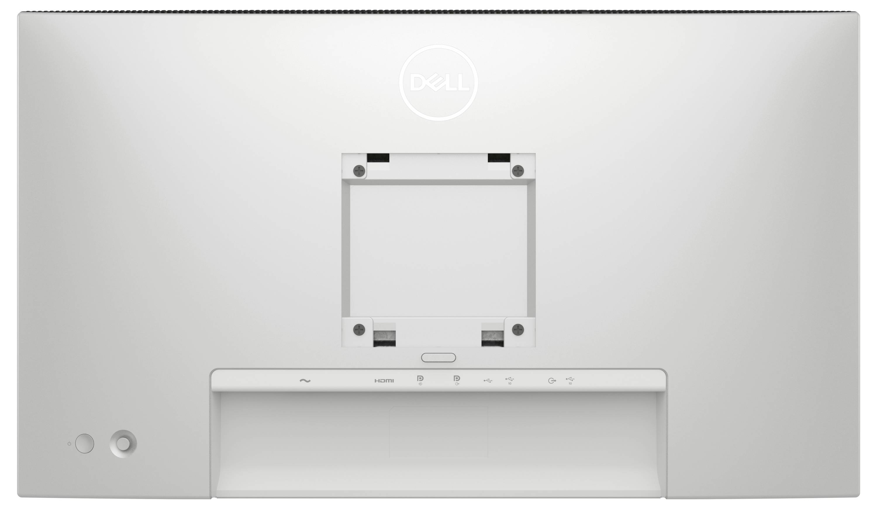 Rückseite eines Dell-Monitors mit VESA-Halterung und verschiedenen Anschlüssen.