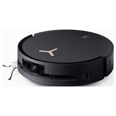 Schwarzer Saugroboter mit rundem Design, goldenen Akzenten und seitlichem Sensor. Ideal für die Reinigung von Böden.