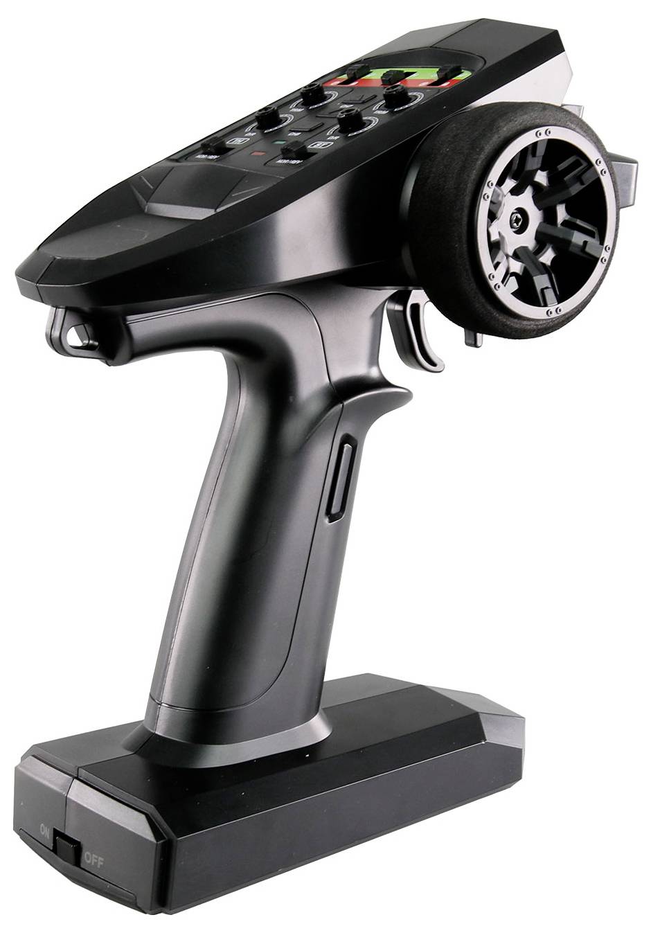 Ein schwarzer Fernsteuerungsgriff mit Lenkrad und Tasten zur Steuerung von ferngesteuerten Fahrzeugen.