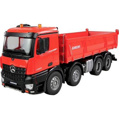 Roter Lastwagen mit drei Achsen und Ladefläche, Aufschrift 'AMEWI' auf der Seite.