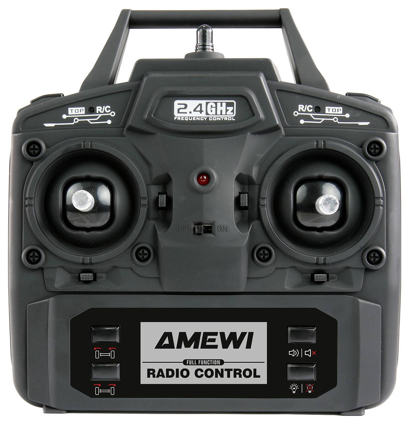 Eine schwarze Fernbedienung für RC-Geräte mit zwei Joysticks und Steuerungstasten, Frequenz 2,4 GHz, von der Marke AmeWi.