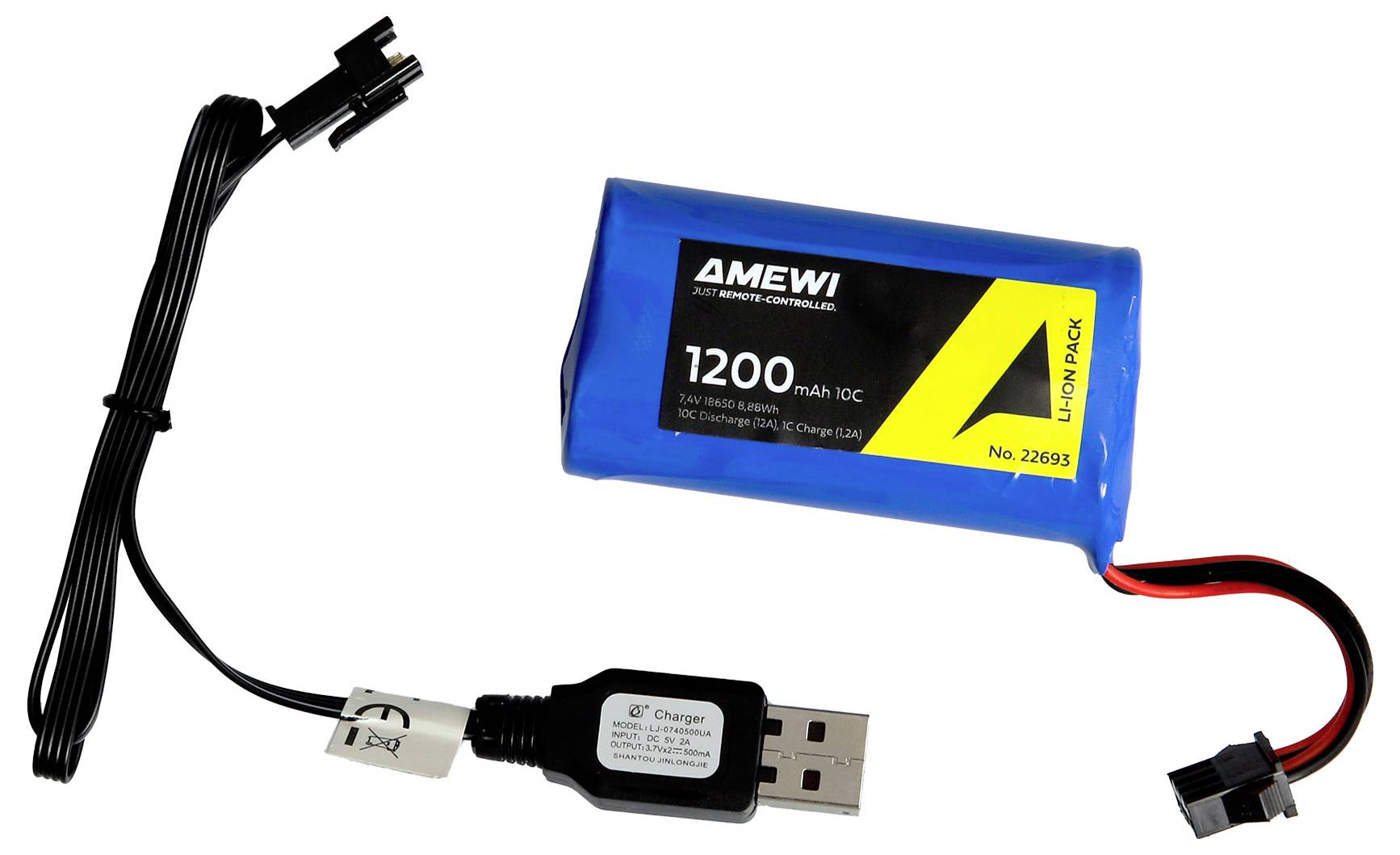 Ein blauer Li-Ionen-Akku mit '1200 mAh' Aufschrift, daneben ein USB-Ladekabel mit passendem Anschluss.