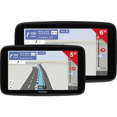 Navigationsgeräte von TomTom mit Bildschirmen in verschiedenen Größen (5 Zoll und 6 Zoll), die eine Route nach Frankfurt a.M. anzeigen.