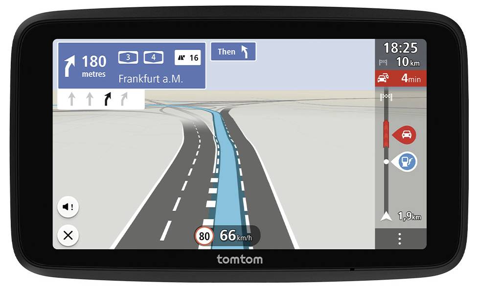 'Navigationsbildschirm eines GPS-Geräts zeigt eine Route auf Autobahn nach Frankfurt am Main. Entfernung beträgt 180 Meter, Geschwindigkeit 66 km/h.'