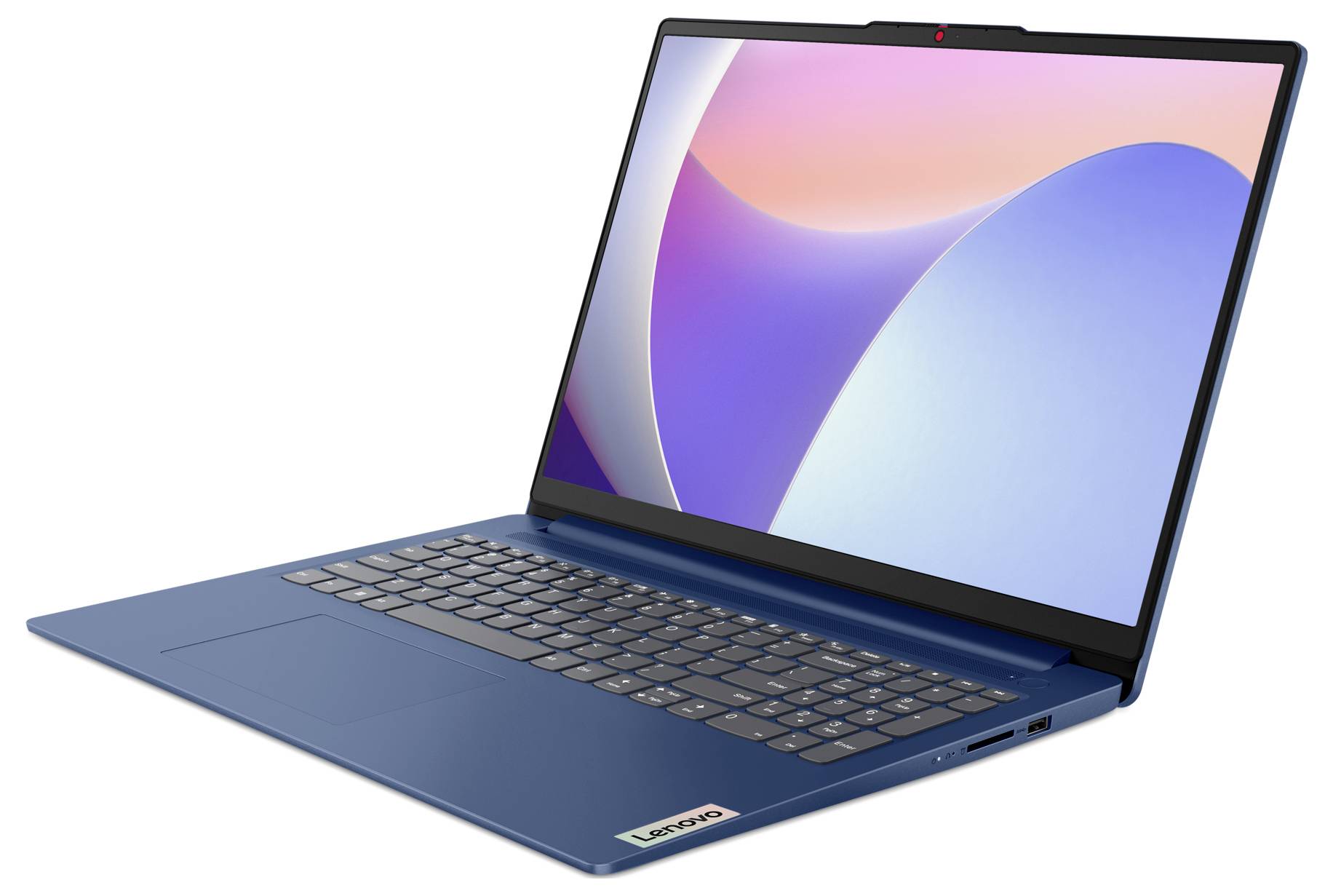 Ein blauer Laptop mit aufgeklapptem Bildschirm zeigt ein farbenfrohes Hintergrundbild. Links sind Tastatur und Trackpad sichtbar.