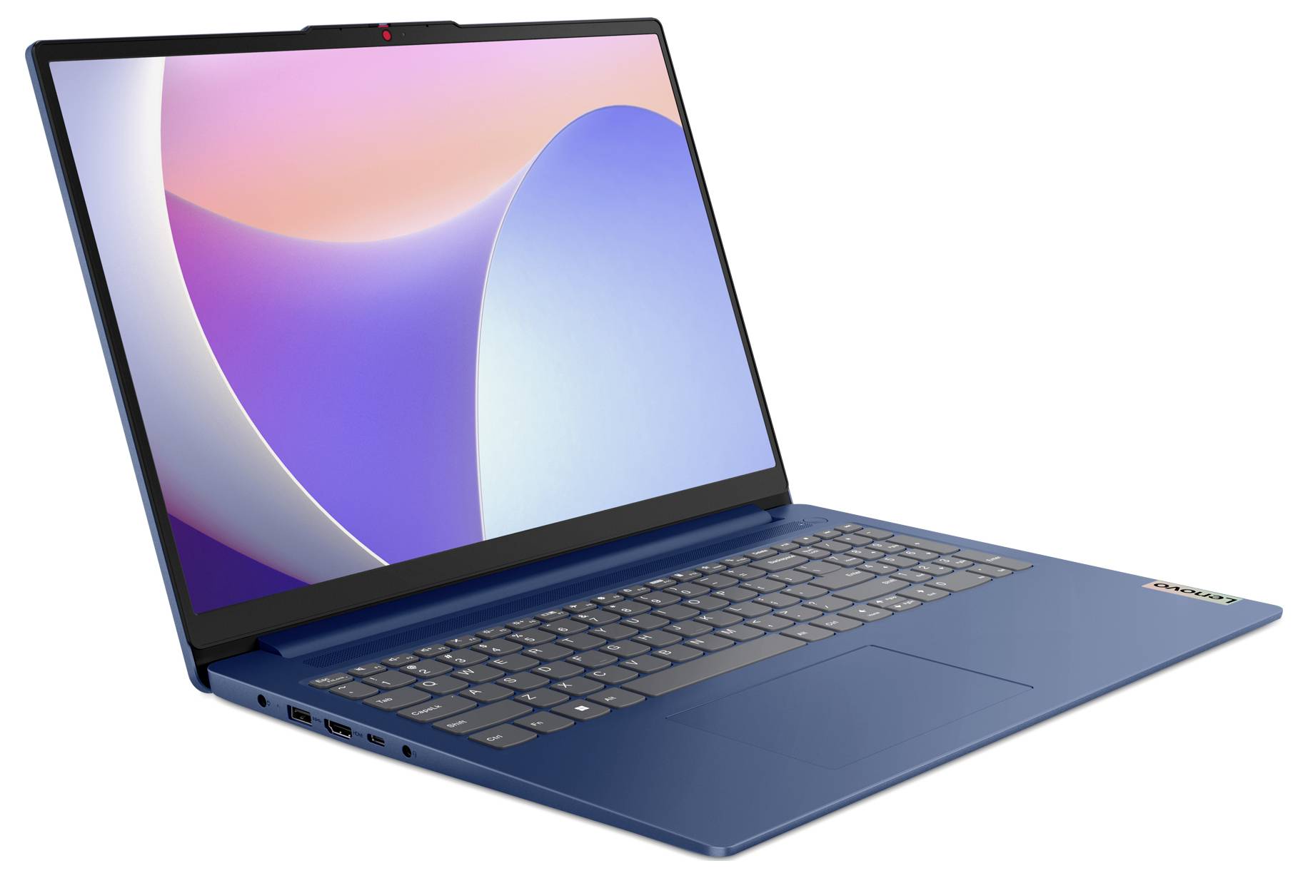 Ein blauer Laptop mit geöffnetem Bildschirm zeigt ein abstraktes, farbenfrohes Hintergrundbild. Tastatur und Anschlüsse sind sichtbar.