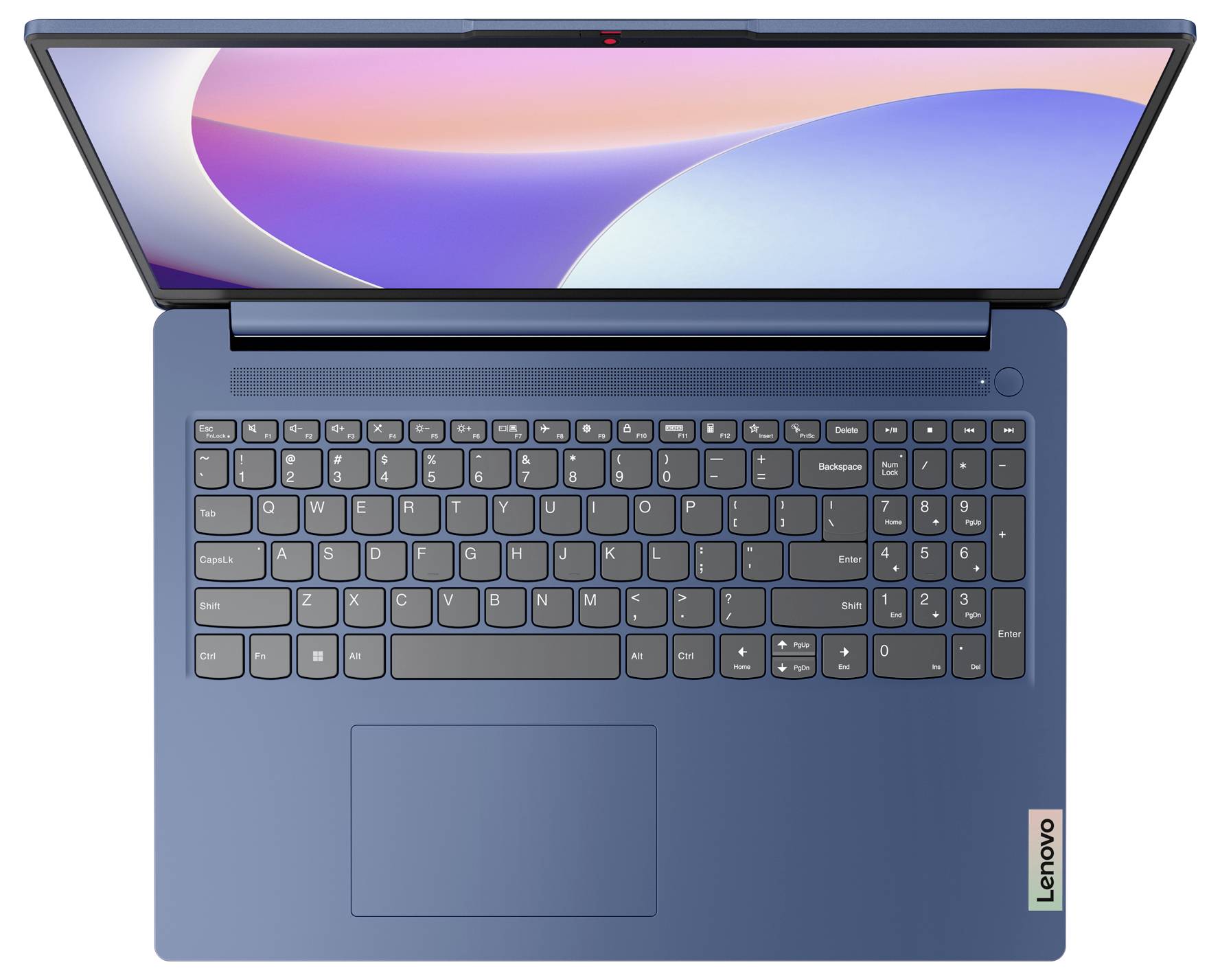 Ein blauer Laptop mit geöffnetem Bildschirm, zeigt Tastatur und Touchpad. Oben auf dem Bildschirm sind bunte Wellenformen zu sehen.