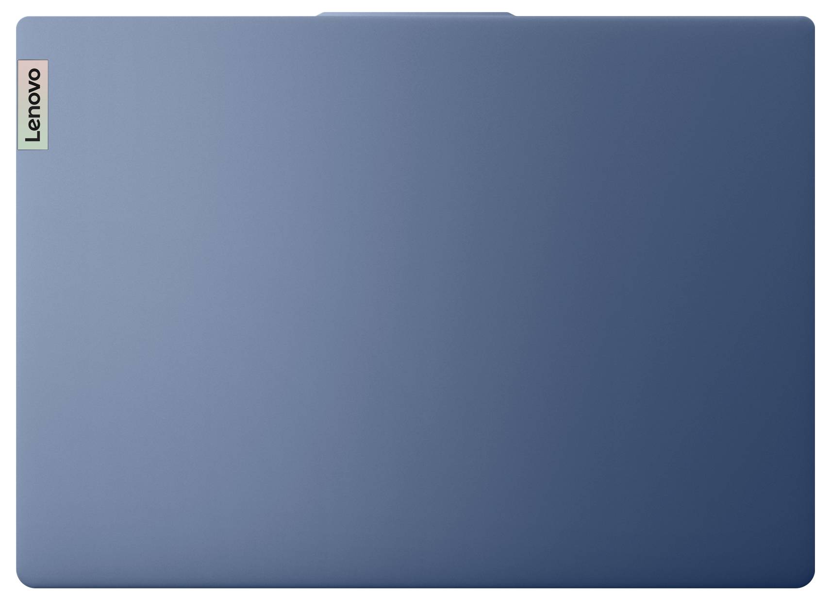 Ein blauer Laptopdeckel mit dem 'Lenovo'-Logo in der oberen linken Ecke.