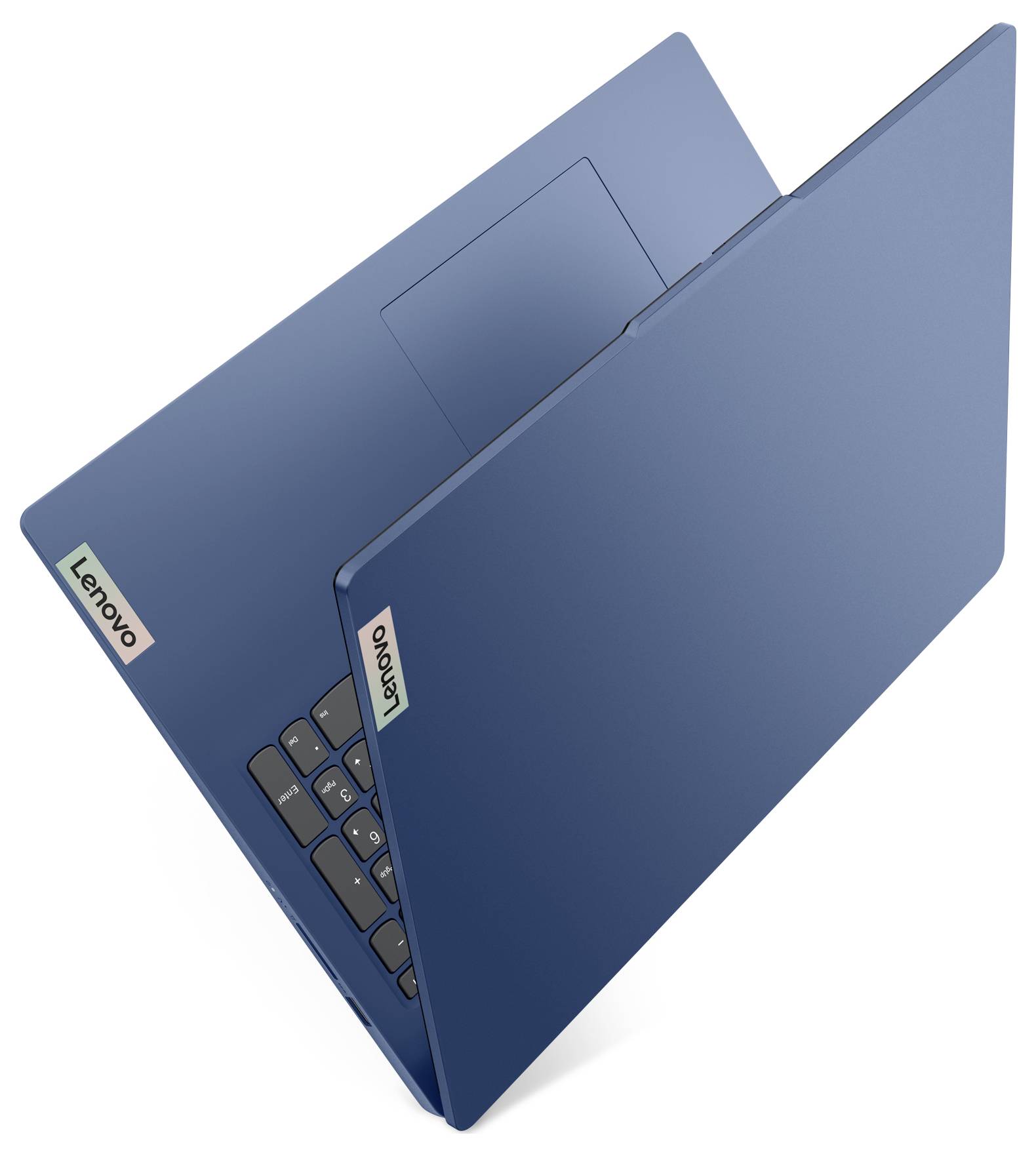 Ein blauer Laptop, teilweise geöffnet, zeigt die Tastatur und das 'Lenovo'-Logo auf dem Deckel.
