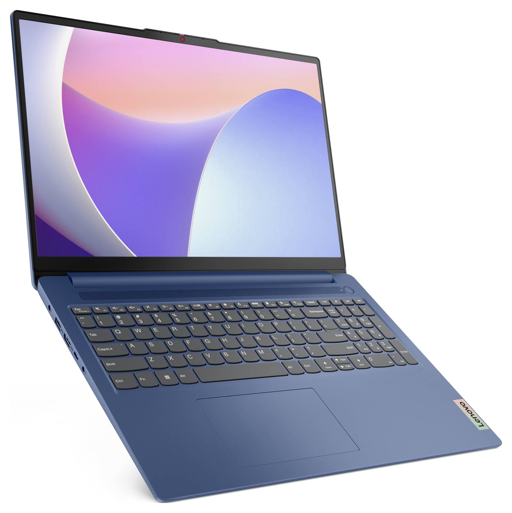 Ein blauer Laptop mit angeschaltetem Bildschirm zeigt ein abstraktes buntes Hintergrundbild. Die Tastatur ist sichtbar.