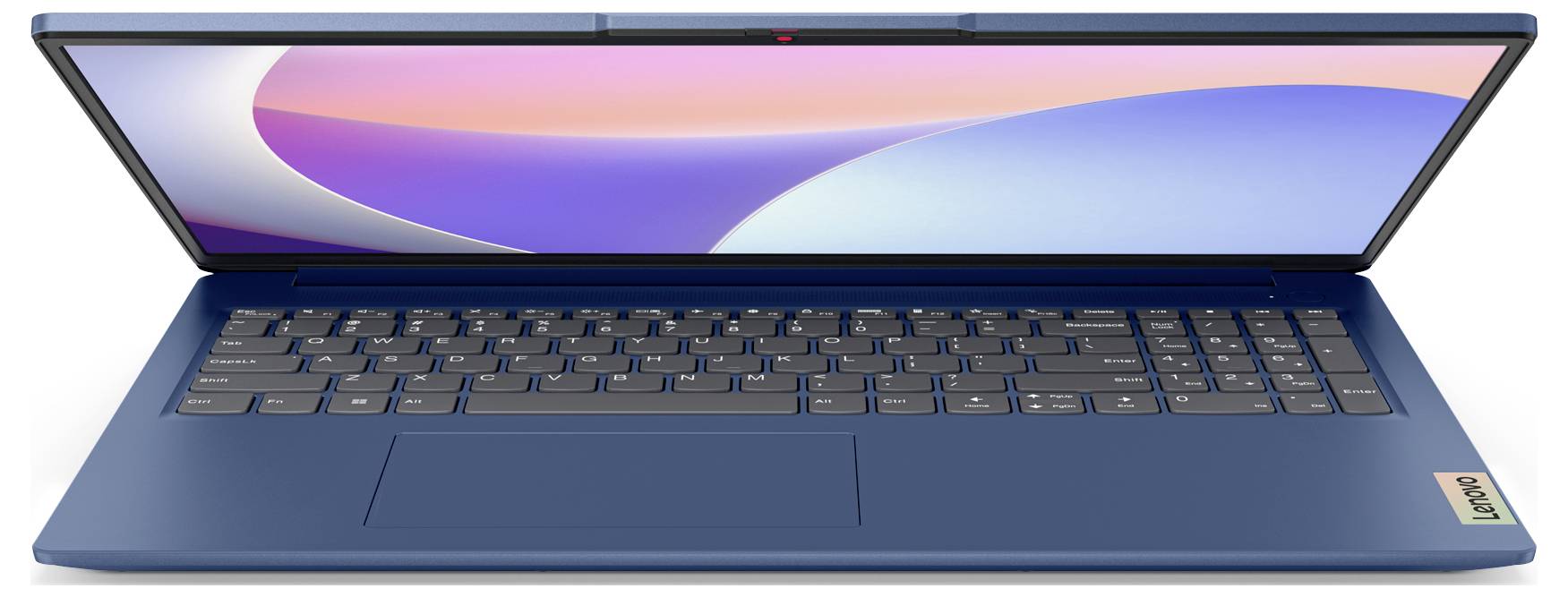 Ein aufgeklappter, blauer Laptop mit Tastatur und Bildschirm. Der Bildschirm zeigt eine abstrakte Grafik mit weichen Farbverläufen in Rosa und Blau.