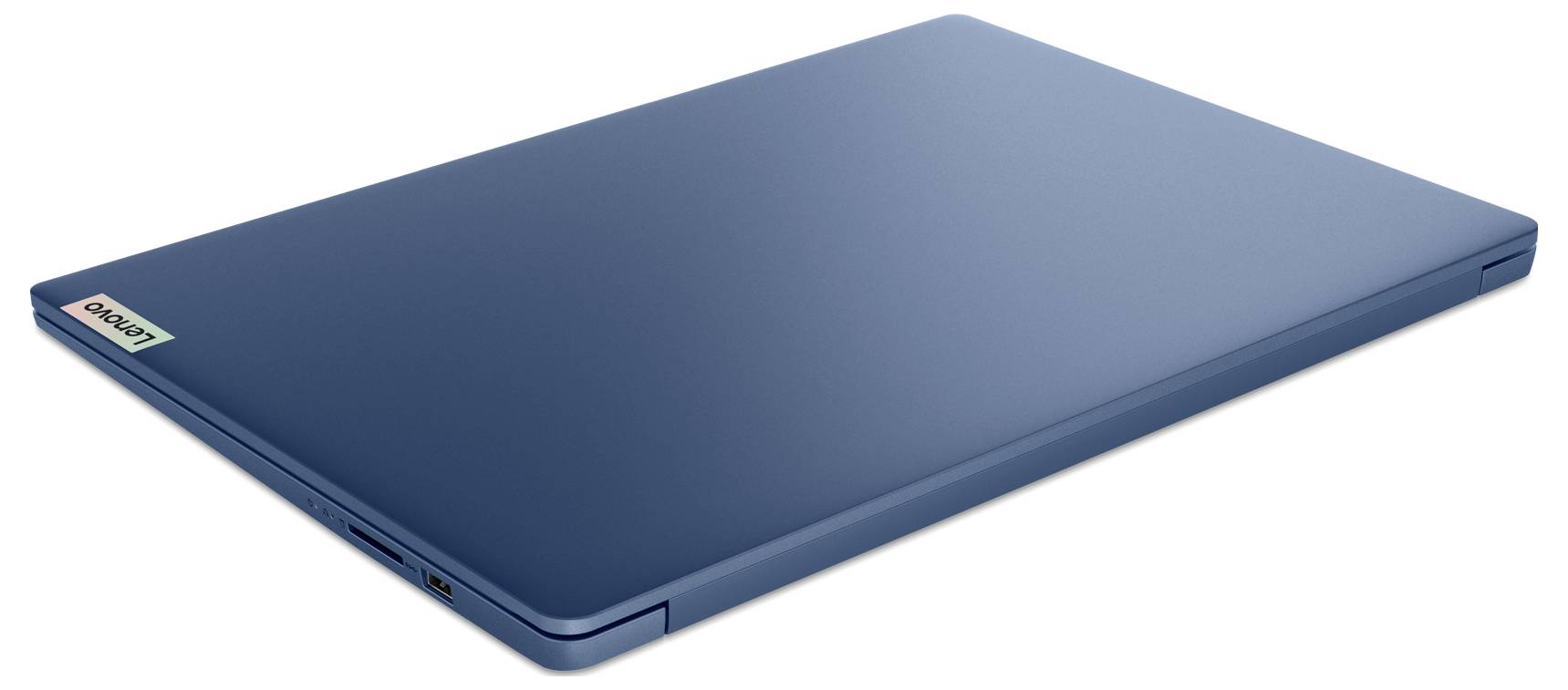 Ein blauer Laptop mit geschlossenem Deckel auf weißem Hintergrund. Oben links befindet sich das Lenovo-Logo.