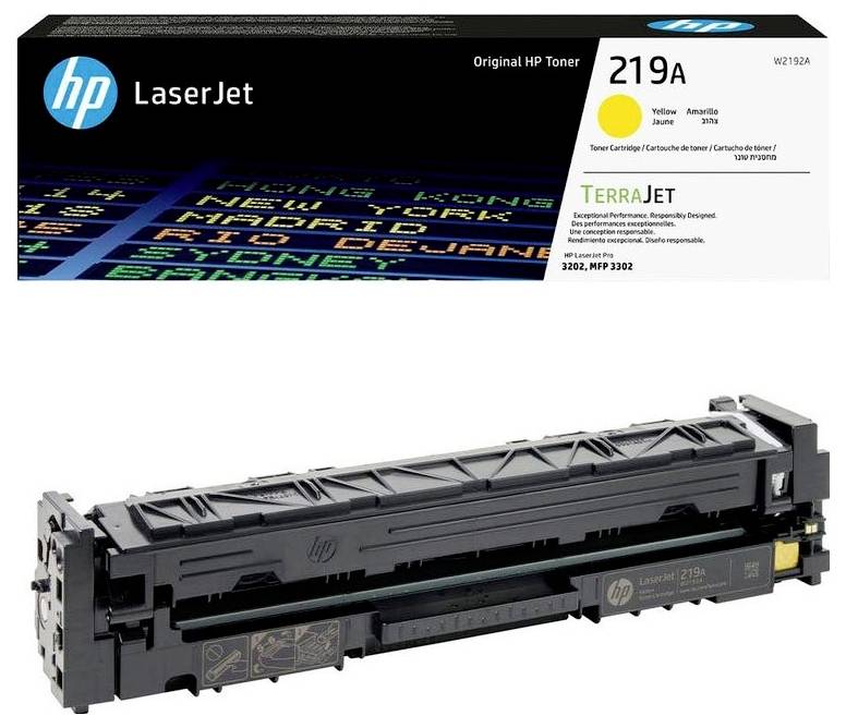 'Toner-Kartusche HP LaserJet 219A in Gelb, kompatibel mit Druckern HP 3202, MFP 3302. Verpackung zeigt technischen Text und Logos.'