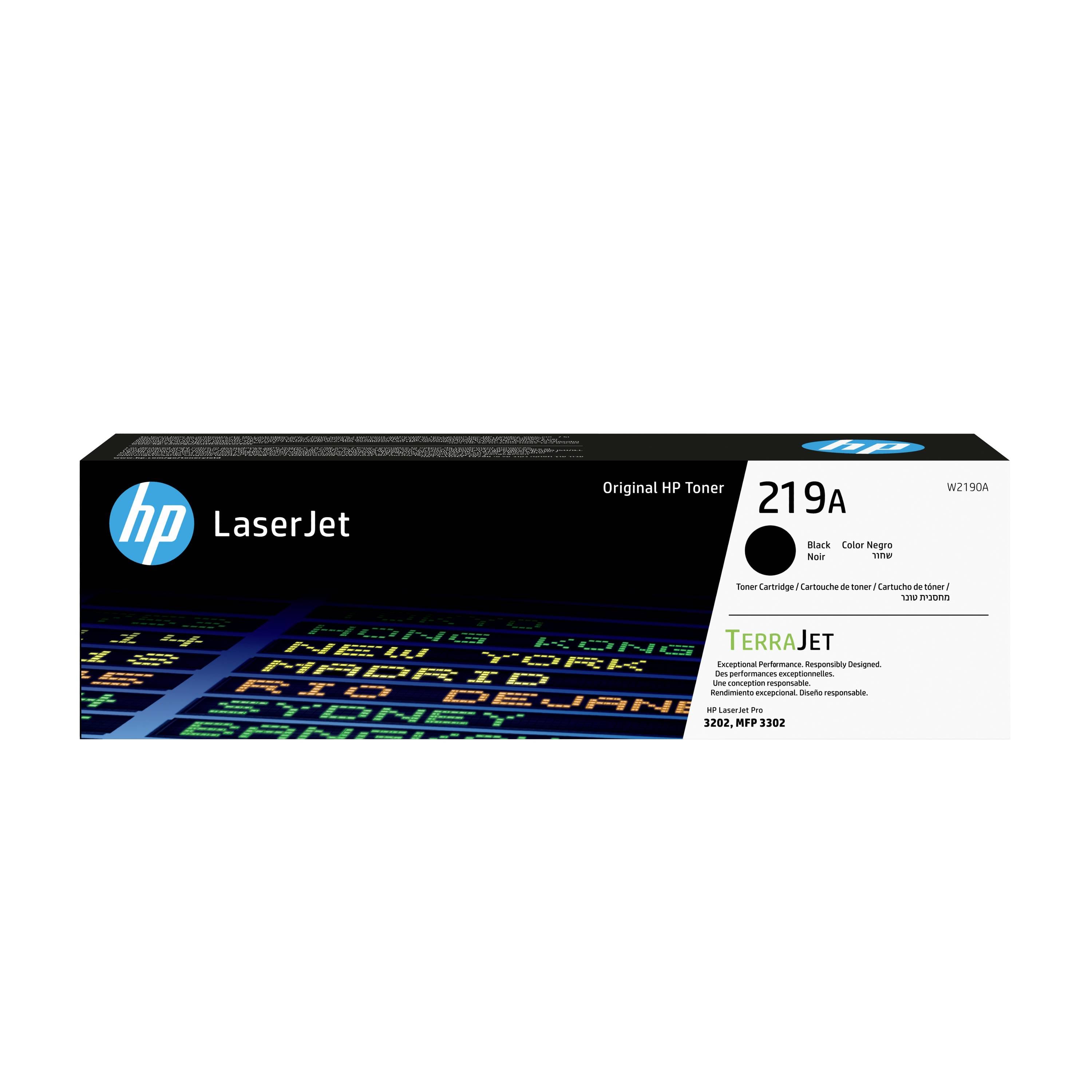 HP LaserJet 219A schwarze Original-Tonerpatrone, Verpackung mit TerraJet-Etikett und „Black Noir"-Beschriftung