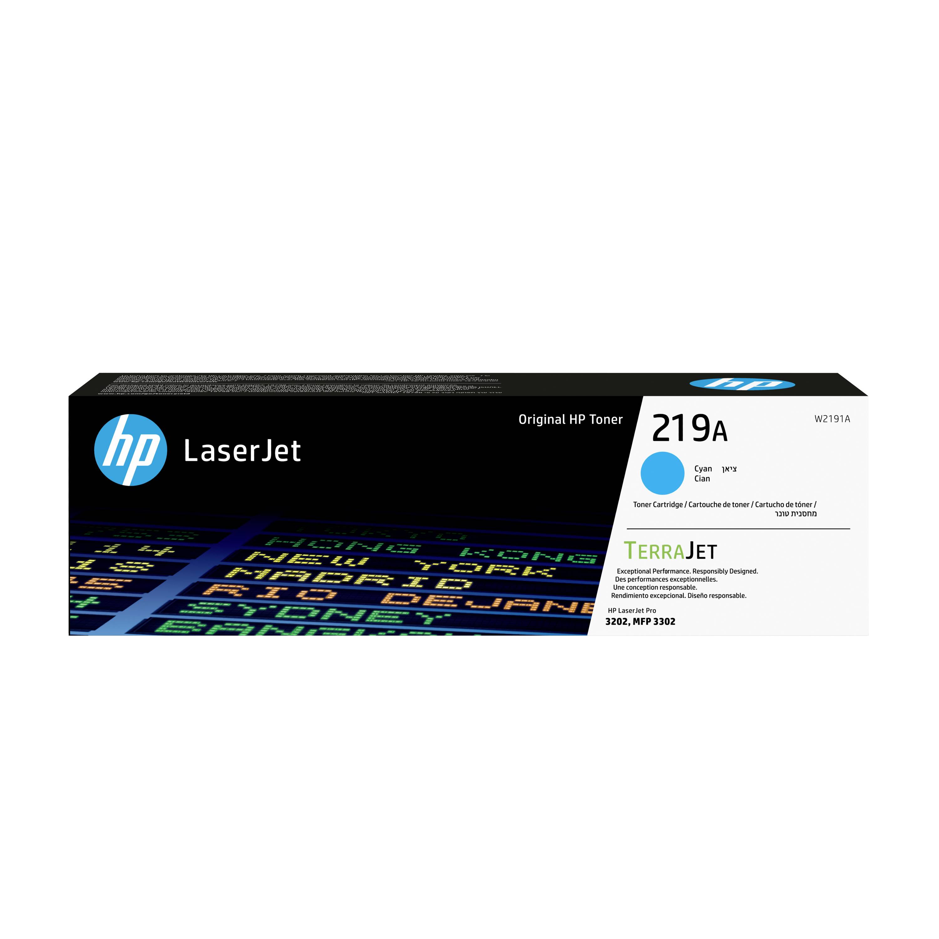 HP LaserJet 219A schwarze Tonerpatrone in Verpackung mit „TerraJet"-Branding und cyan/blauen Verpackungsakzenten.