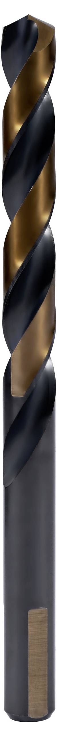 Ein Nahaufnahmefoto eines Bohrers mit einer schwarz-bronzefarbenen Spiralstruktur, der zum Bohren in verschiedene Materialien verwendet wird.