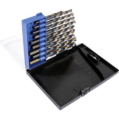 Ein schwarzer und blauer Bohrersatz mit verschiedenen Größen von Bohrern, angeordnet in einer Kunststoffbox.