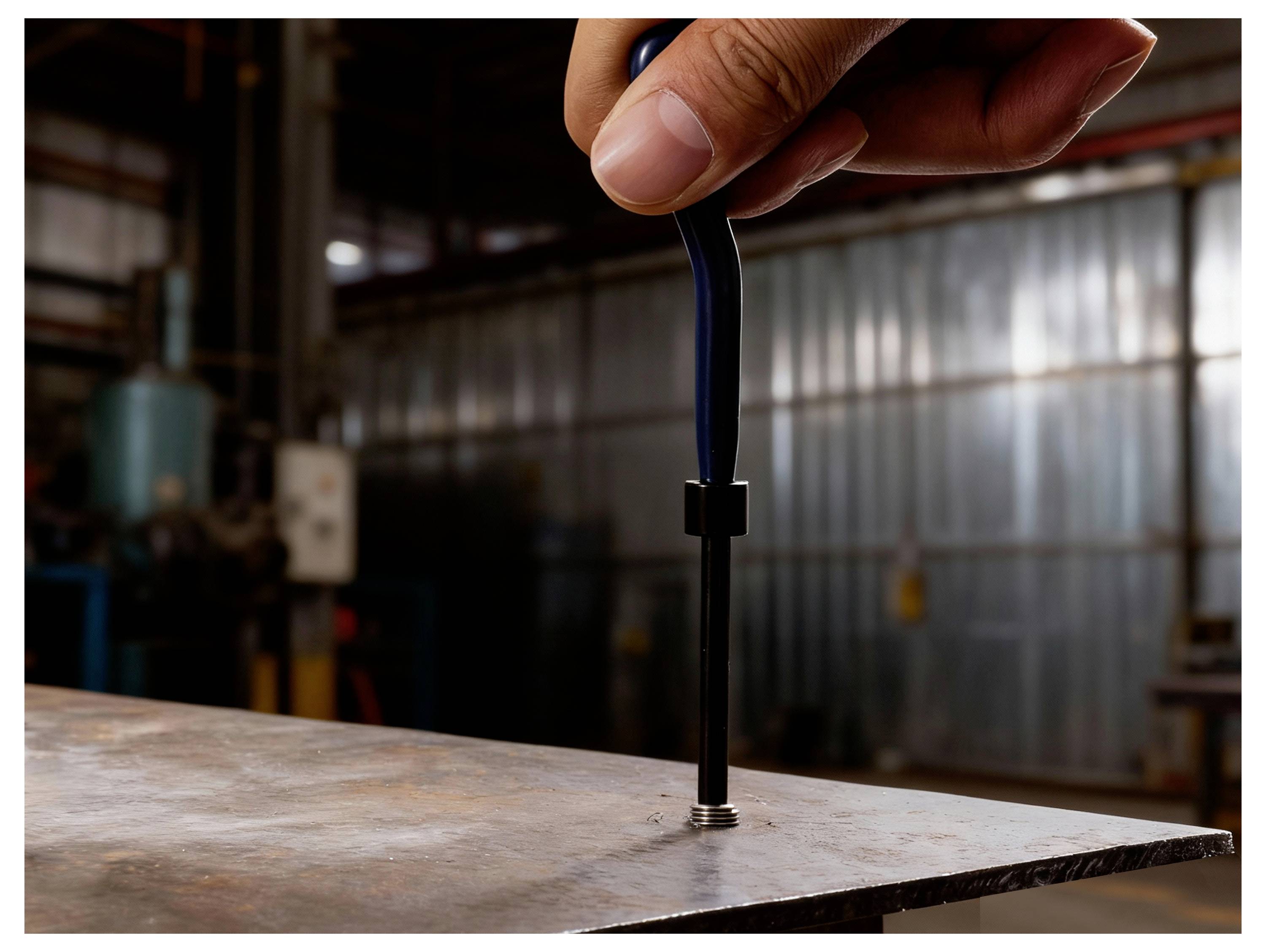 Eine Hand benutzt einen Ratschenschlüssel, um eine Schraube auf einer Metalloberfläche in einer industriellen Umgebung anzuziehen.