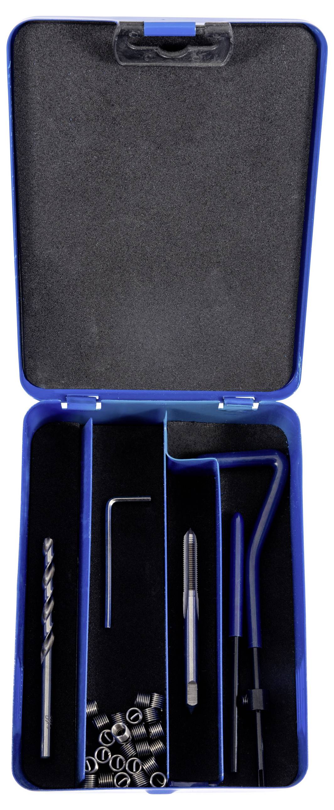 Ein offener blauer Kunststoffkoffer mit einem Satz Bohrer, Schrauben und einem Schraubendreher, organisiert in separaten Fächern.