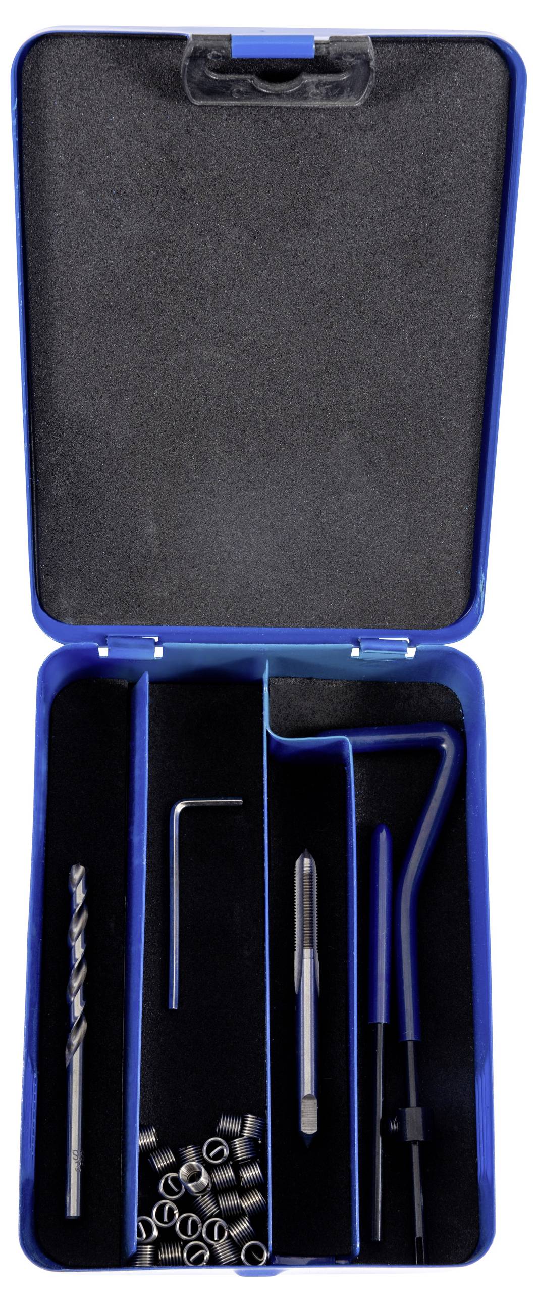 Ein blauer Reparatursatz enthält einen Bohrer, einen Innensechskantschlüssel, ein Einsatzwerkzeug und Gewindeeinsätze, die in Fächern organisiert sind.