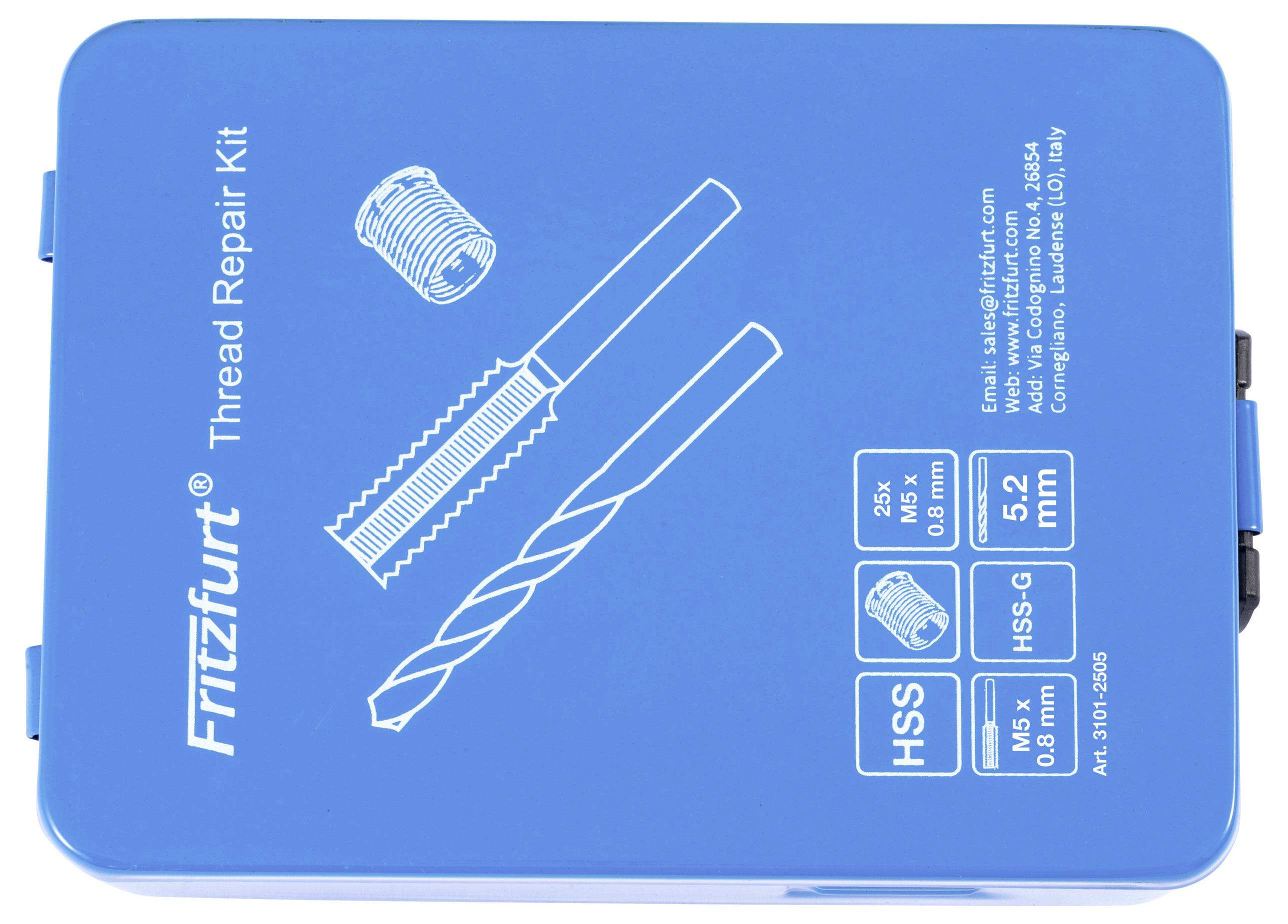 Gewindeinstandsetzungs-Set-Verpackung mit weißen Illustrationen eines Bohrers und einer Gewindeeinsatz auf einer blauen Schachtel. Enthält Größen- und Typdetails.