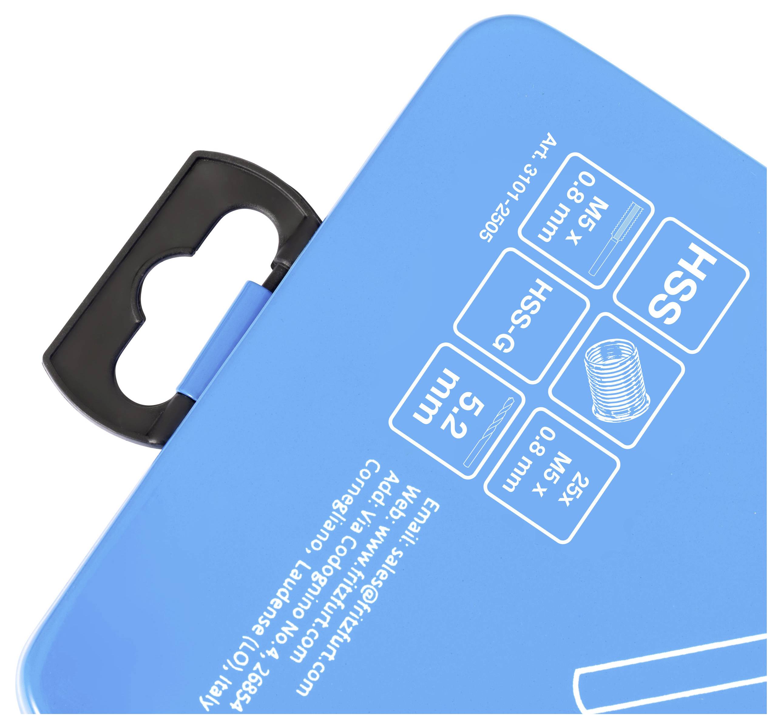 Ein blaues Produktpaket mit schwarzem Griff, das Symbole und Zahlen zeigt: „M5 x 0,8", „HSS", „HSS-G", „52", „25x M5 x 0,8".