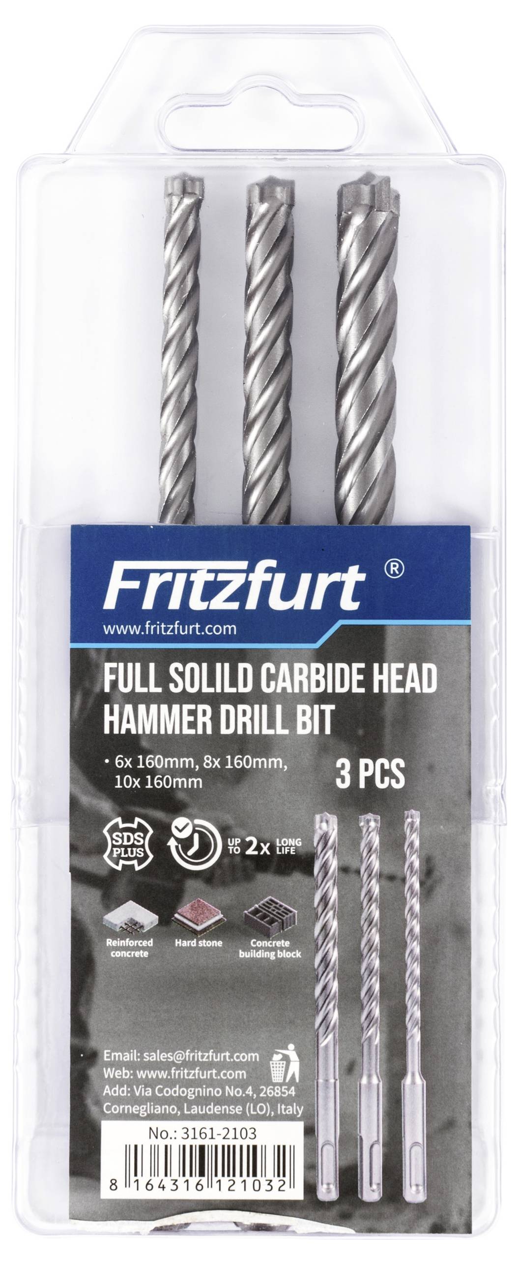 Packung mit drei Fritzfurt Vollhartmetall-Hammerbohrern, Größen: 6x160mm, 8x160mm, 10x160mm, geeignet für harte Materialien.