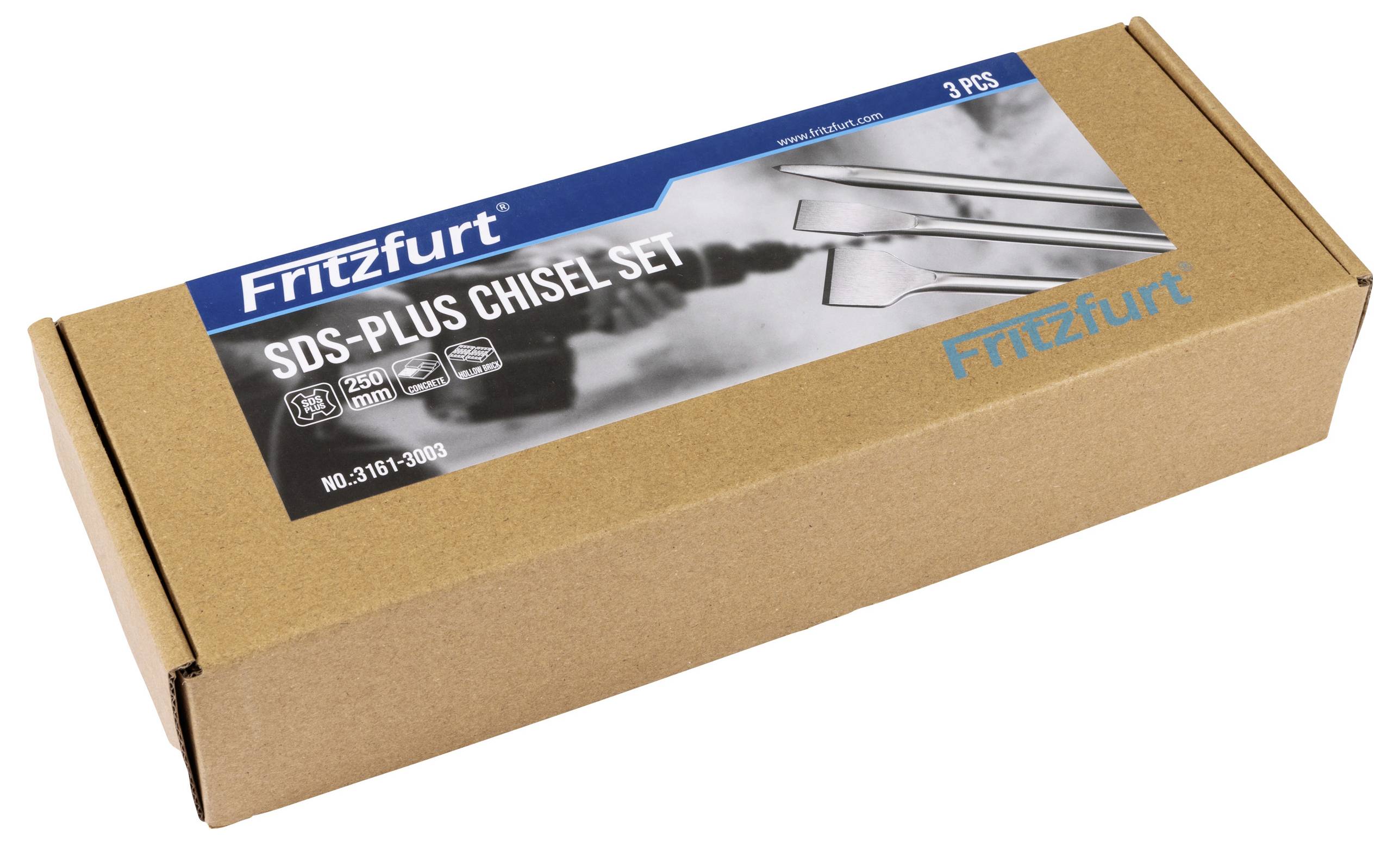 Eine Pappschachtel mit der Aufschrift "Fritzfurt SDS-Plus Meißel-Set, 3-tlg.", auf der ein Bild von drei Meißeln abgebildet ist.