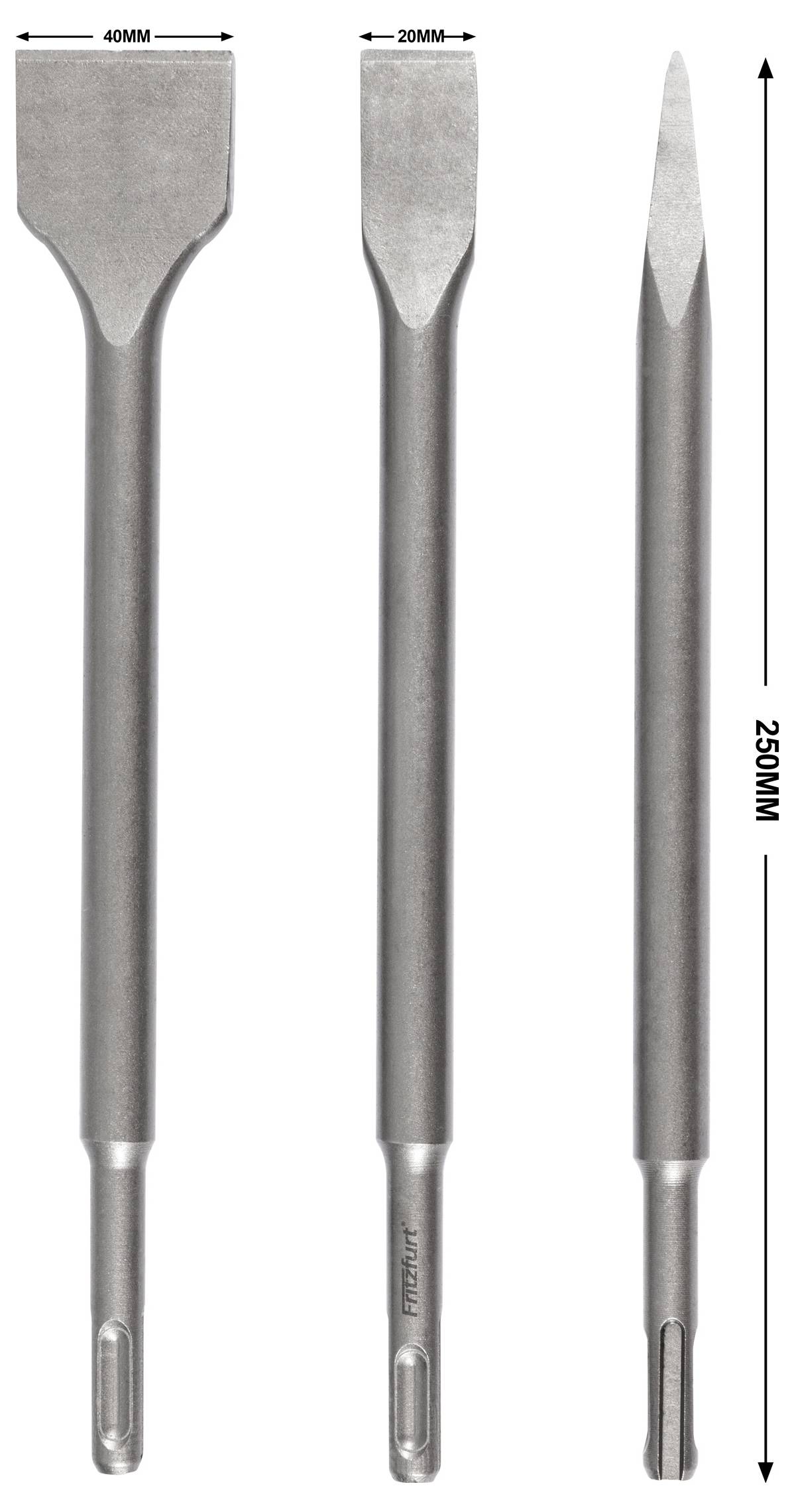 Drei Metallmeißel mit unterschiedlichen Klingenformen: breit flach (40 mm), schmal flach (20 mm) und spitz, alle 250 mm lang.