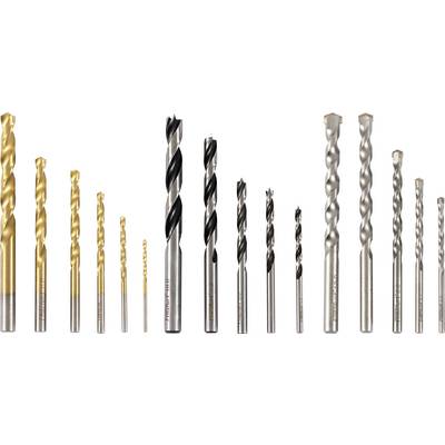 Eine Reihe von Bohrern in verschiedenen Größen und Designs. Einige haben eine goldene Beschichtung, andere sind silbern oder silbern mit schwarzen Elementen. Sie sind von links nach rechts nach Größe angeordnet.