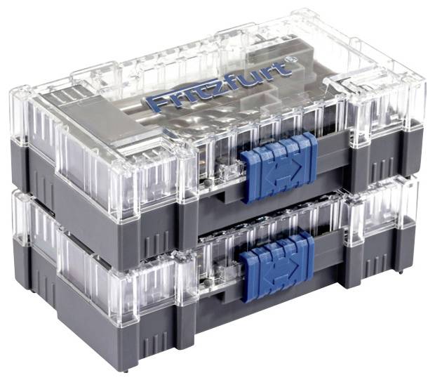 Zwei transparente Plastikaufbewahrungsboxen übereinander gestapelt, mit einem grauen und blauen Verschlussdesign, auf dem Deckel mit 'Fritzfurt' beschriftet.