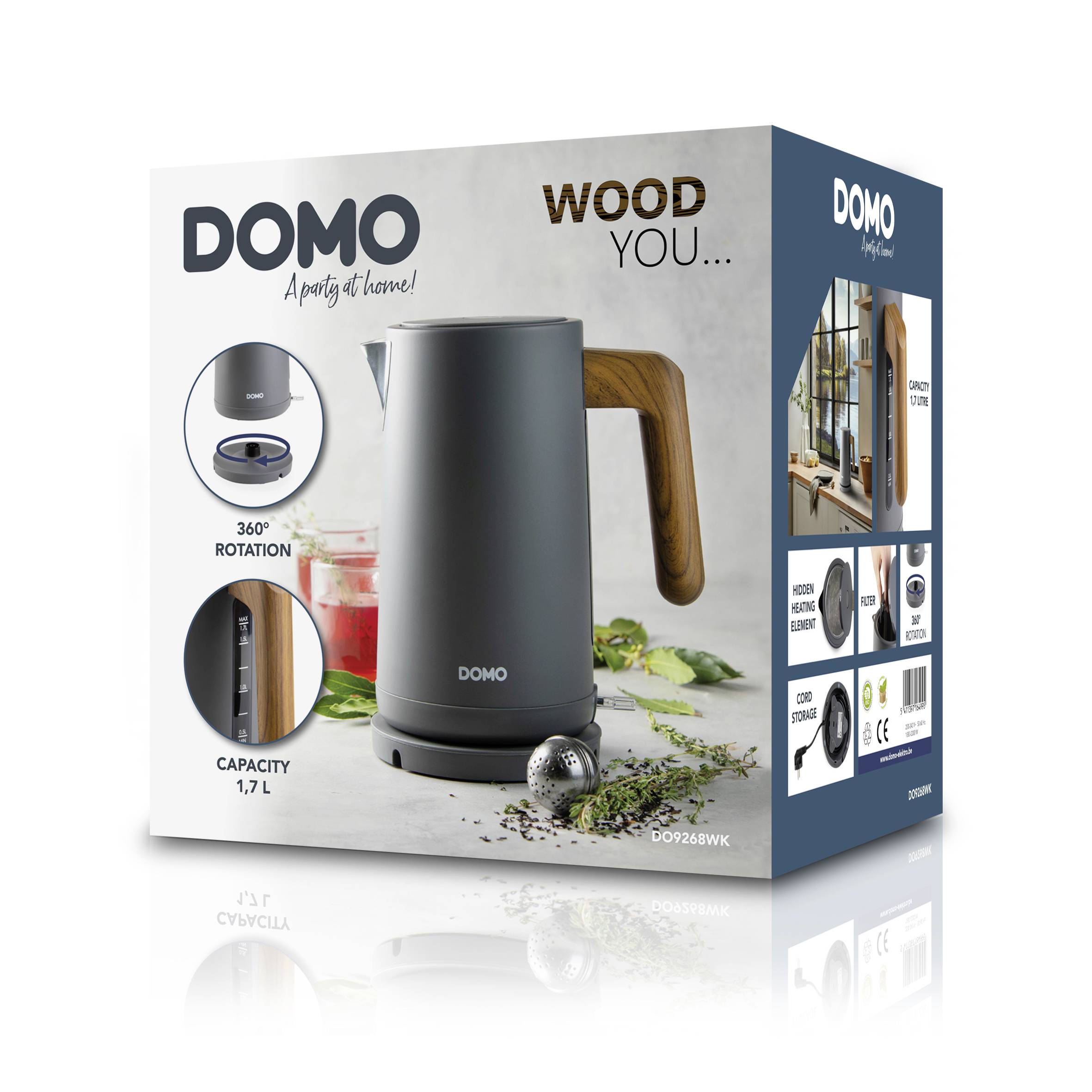 Wasserkocher 'DOMO' mit Holzgriff auf Verpackung. Kapazität 1,7 L, 360° drehbar. Produktbilder und Teekanne im Hintergrund.