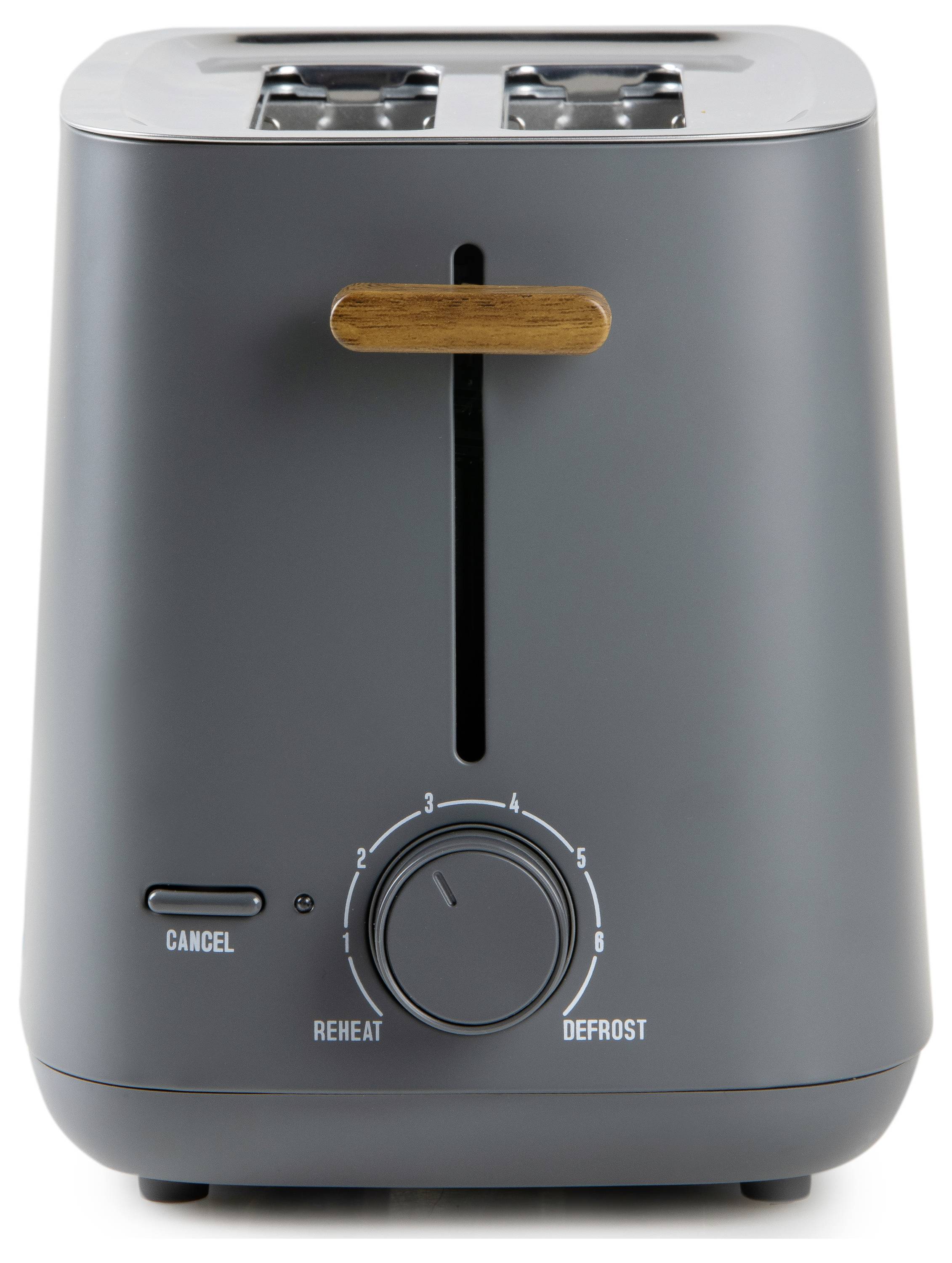 Grauer Toaster mit zwei Schlitzen, ein Drehregler mit sechs Stufen und Tasten für 'Abbrechen', 'Aufwärmen' und 'Auftauen'.