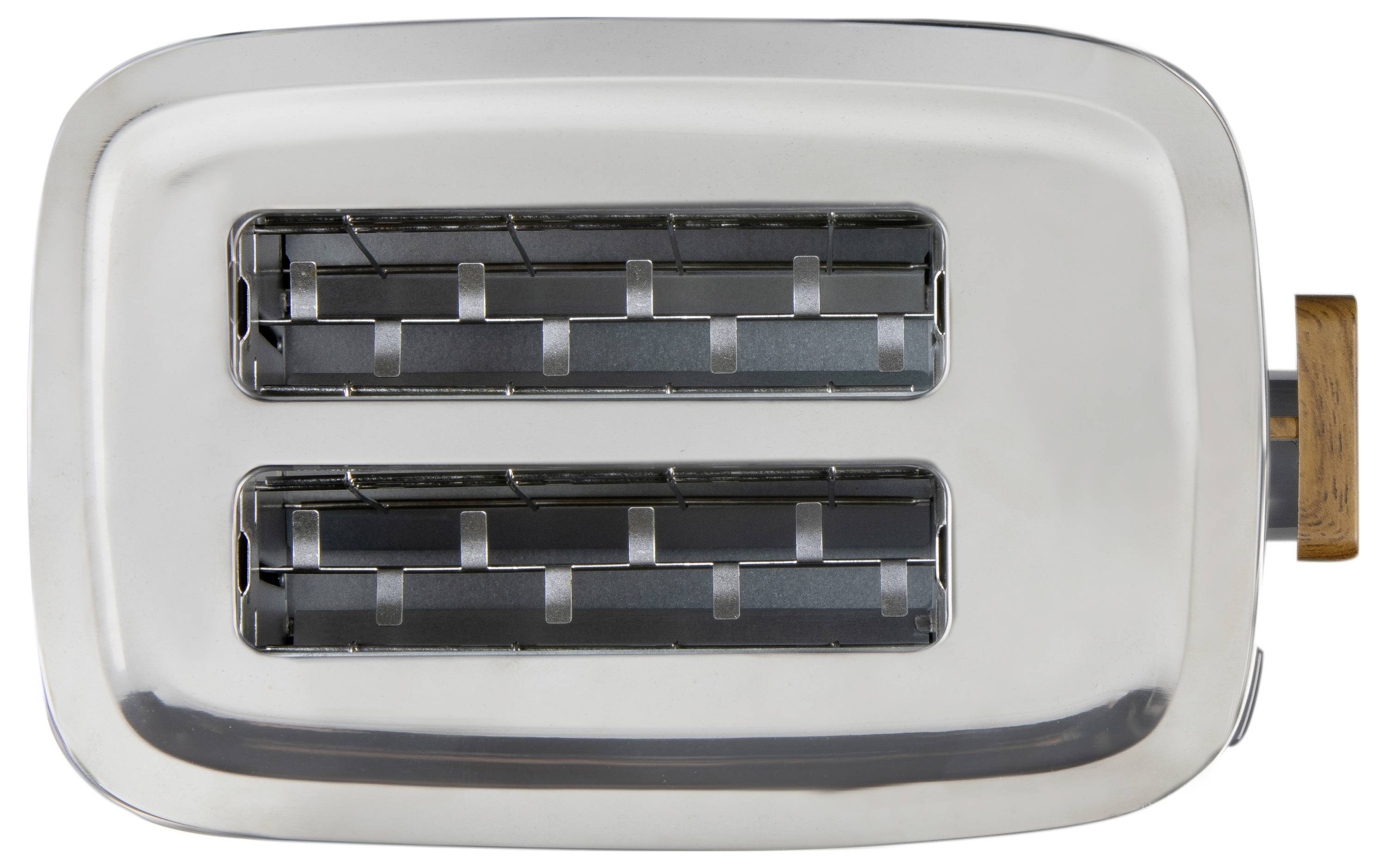 Ein silberner Toaster mit zwei Schlitzen, Draufsicht. Der Hebel ist auf der rechten Seite sichtbar.