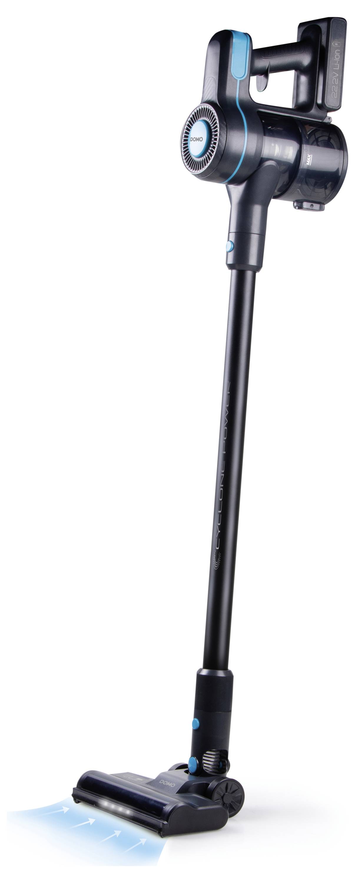 Kabelloser, schwarzer Staubsauger mit blauen Akzenten. Stabdesign mit motorisierter Bodendüse für einfache Reinigung.