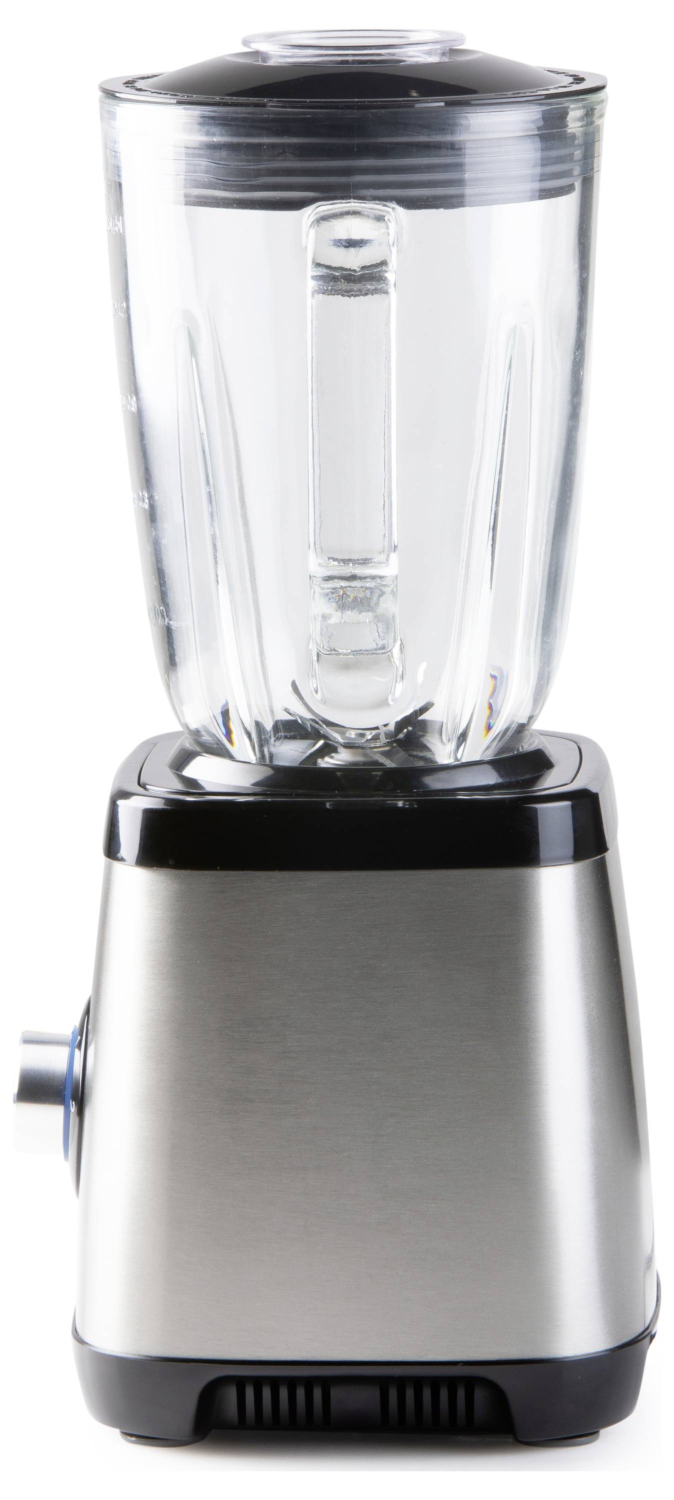Ein silberner Standmixer mit einem Glasbehälter und schwarzem Deckel.