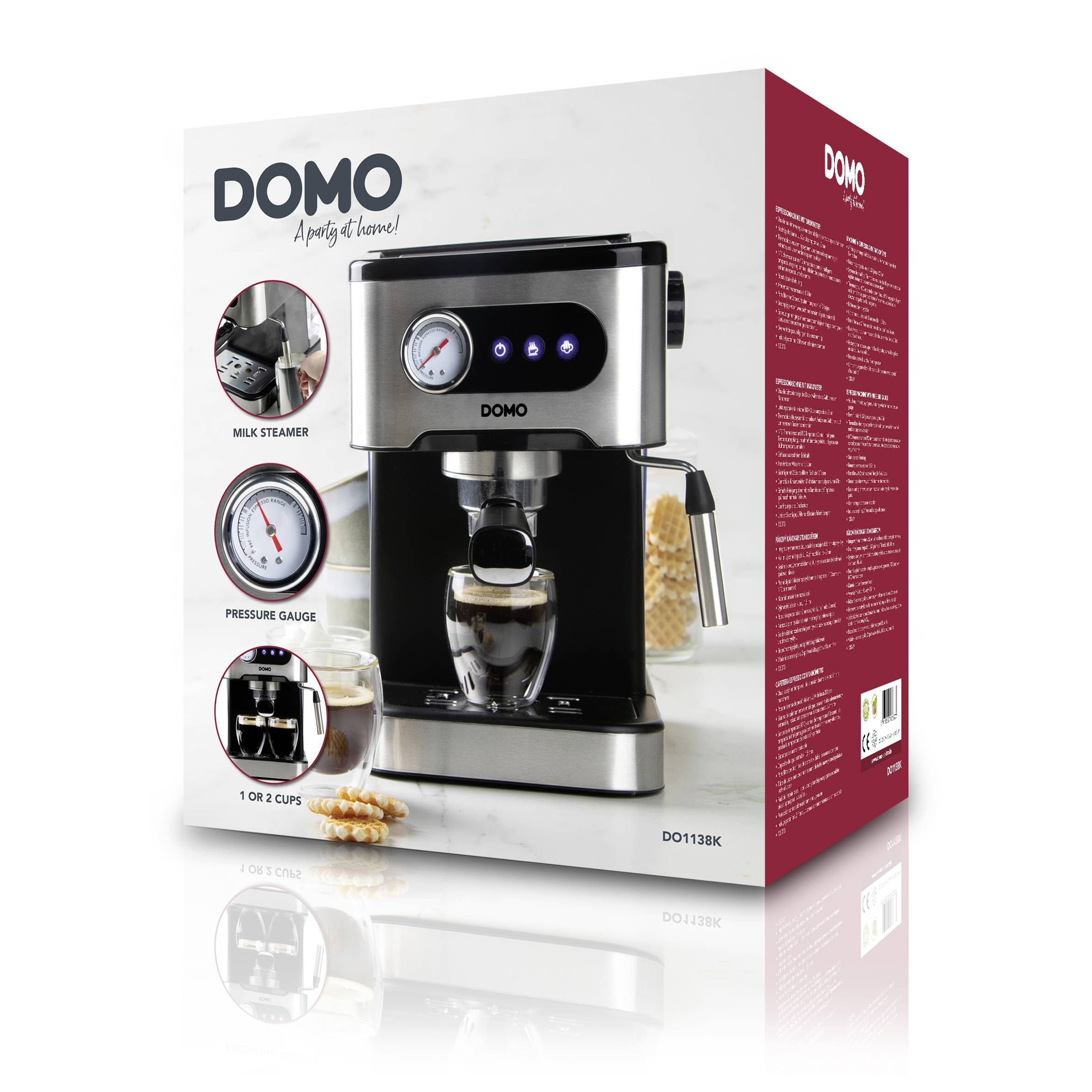 Eine Espressomaschine von der Marke DOMO, abgebildet in einer Verpackung. Es zeigt den Milchschäumer, Druckanzeige und Tassenwahl.