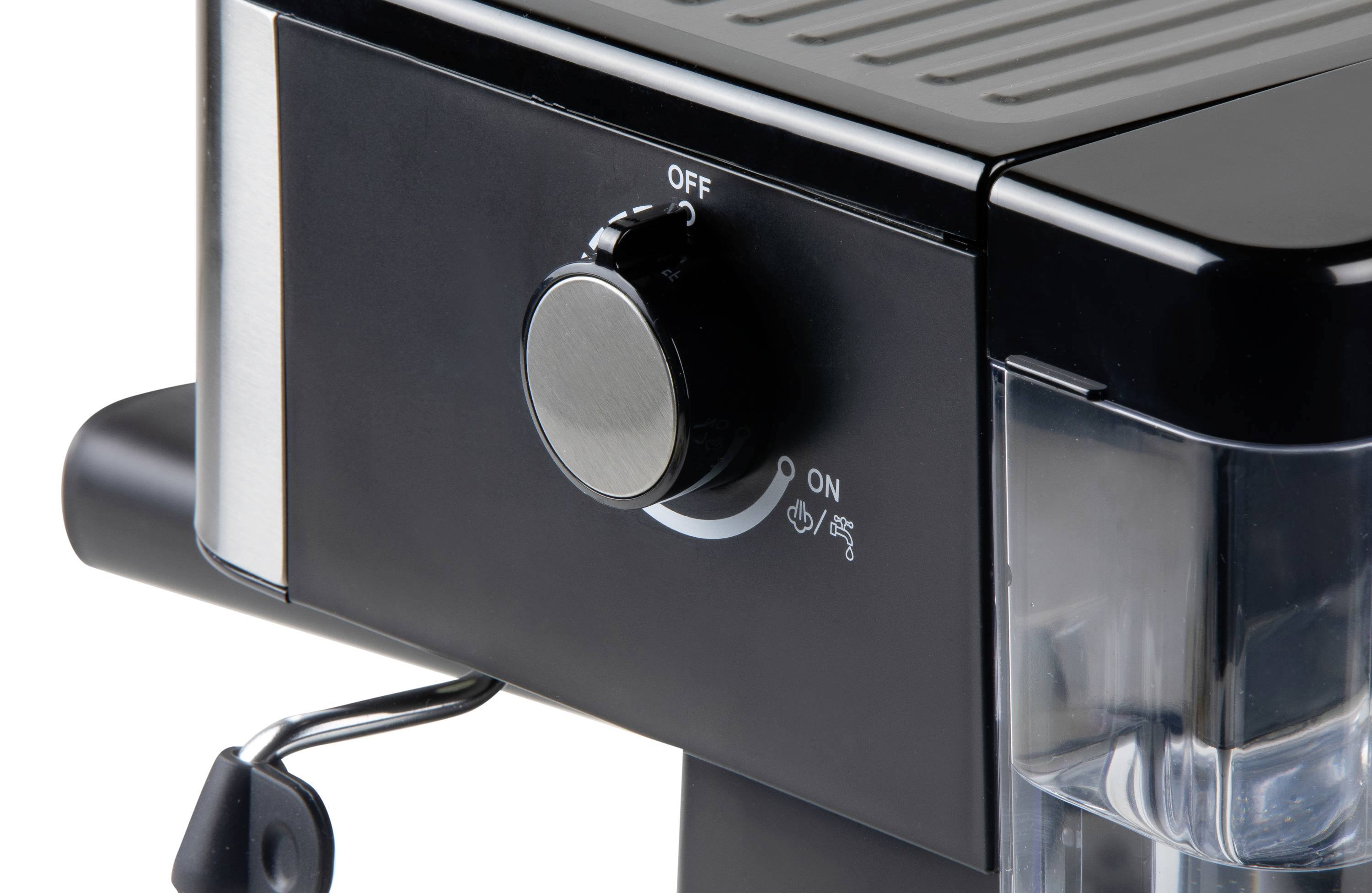 Nahaufnahme einer schwarzen Kaffeemaschine mit einem Drehknopf für die Ein/Aus-Funktion auf der Vorderseite.