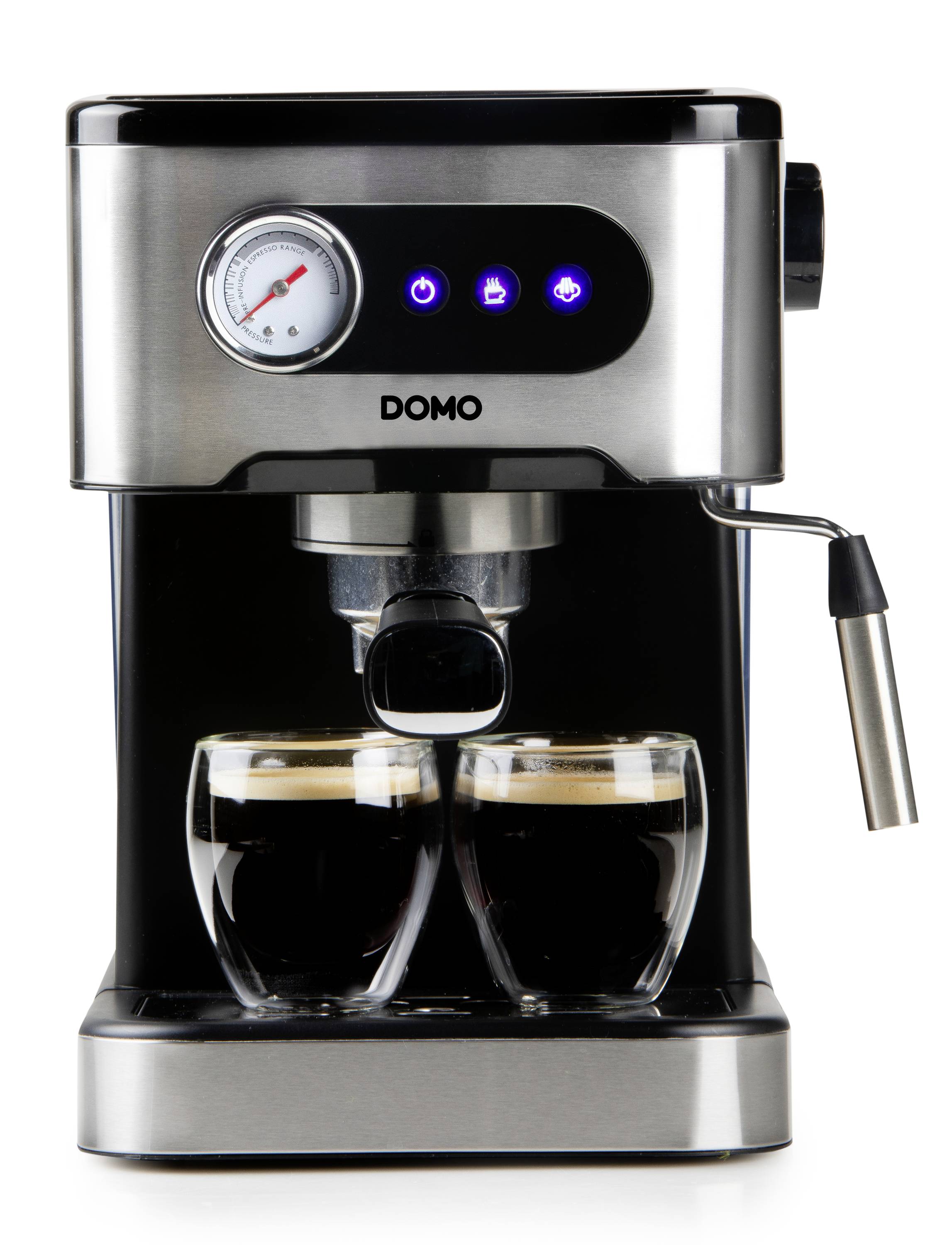 Espressomaschine mit zwei gefüllten Gläsern darunter; zeigt blaue Tastensymbole und ein Manometer.