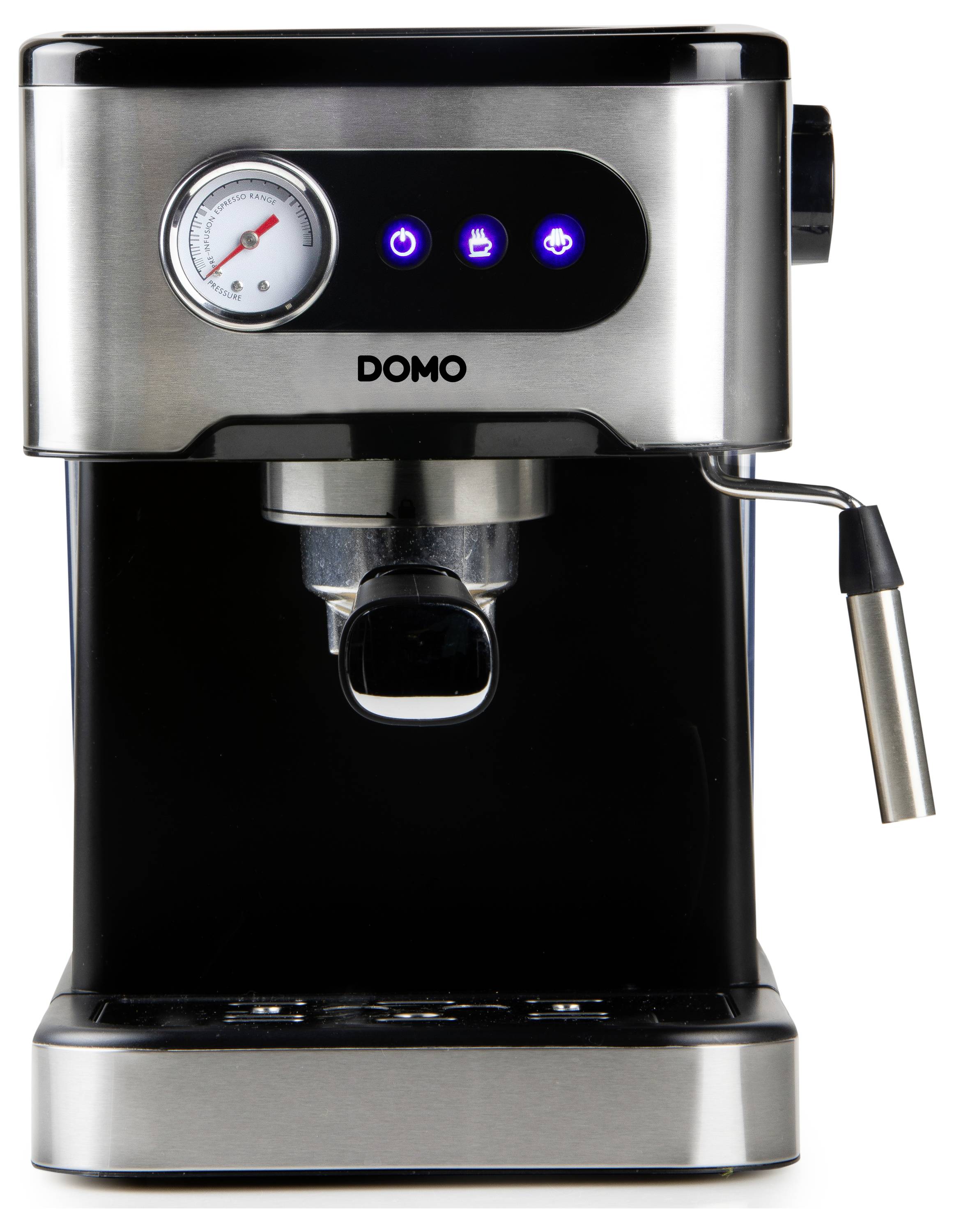 Schwarze Espressomaschine mit Dampfdüse, Druckanzeige und blauer Beleuchtung.