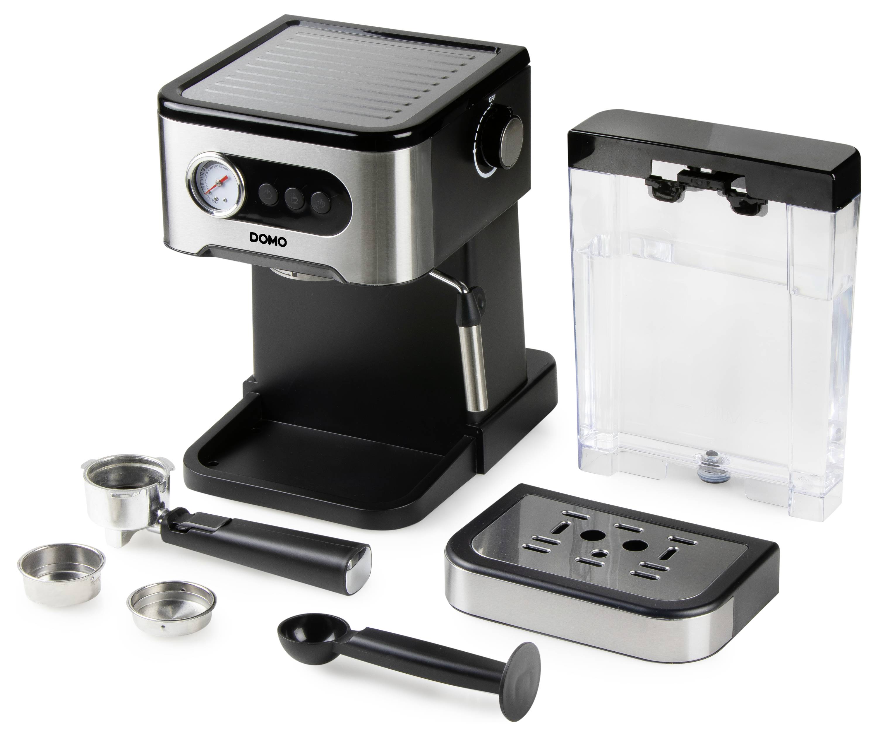 Kaffeemaschine mit Druckanzeige, abnehmbarem Wasserbehälter und Zubehör: Siebträger, Tamper und Filtereinsätze. Ideal für Espresso.