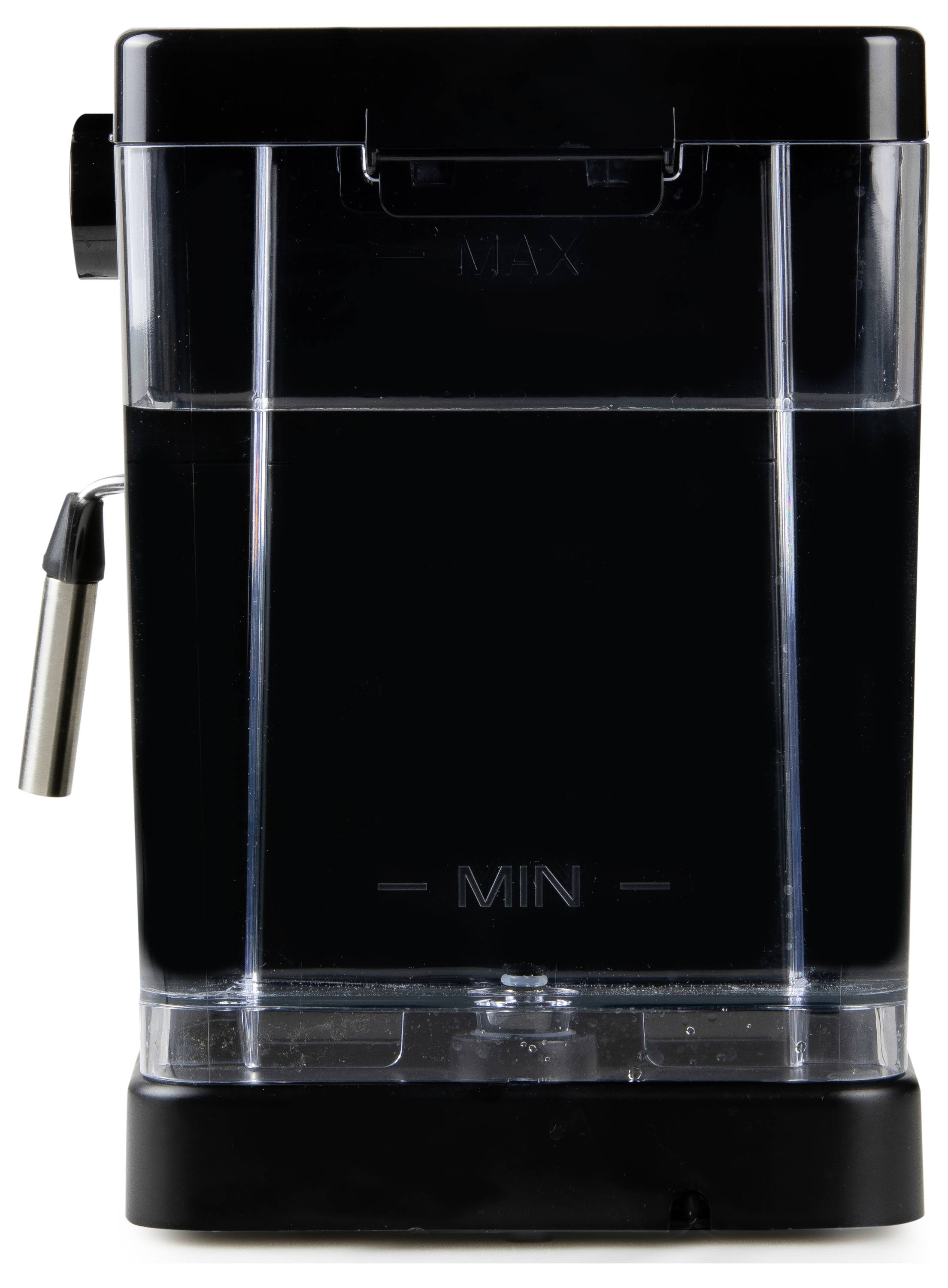 Schwarzer Wassertank mit sichtbarer 'Min'-Markierung und glänzender Oberfläche. Geeignet für Kaffeemaschinen und ähnliches.