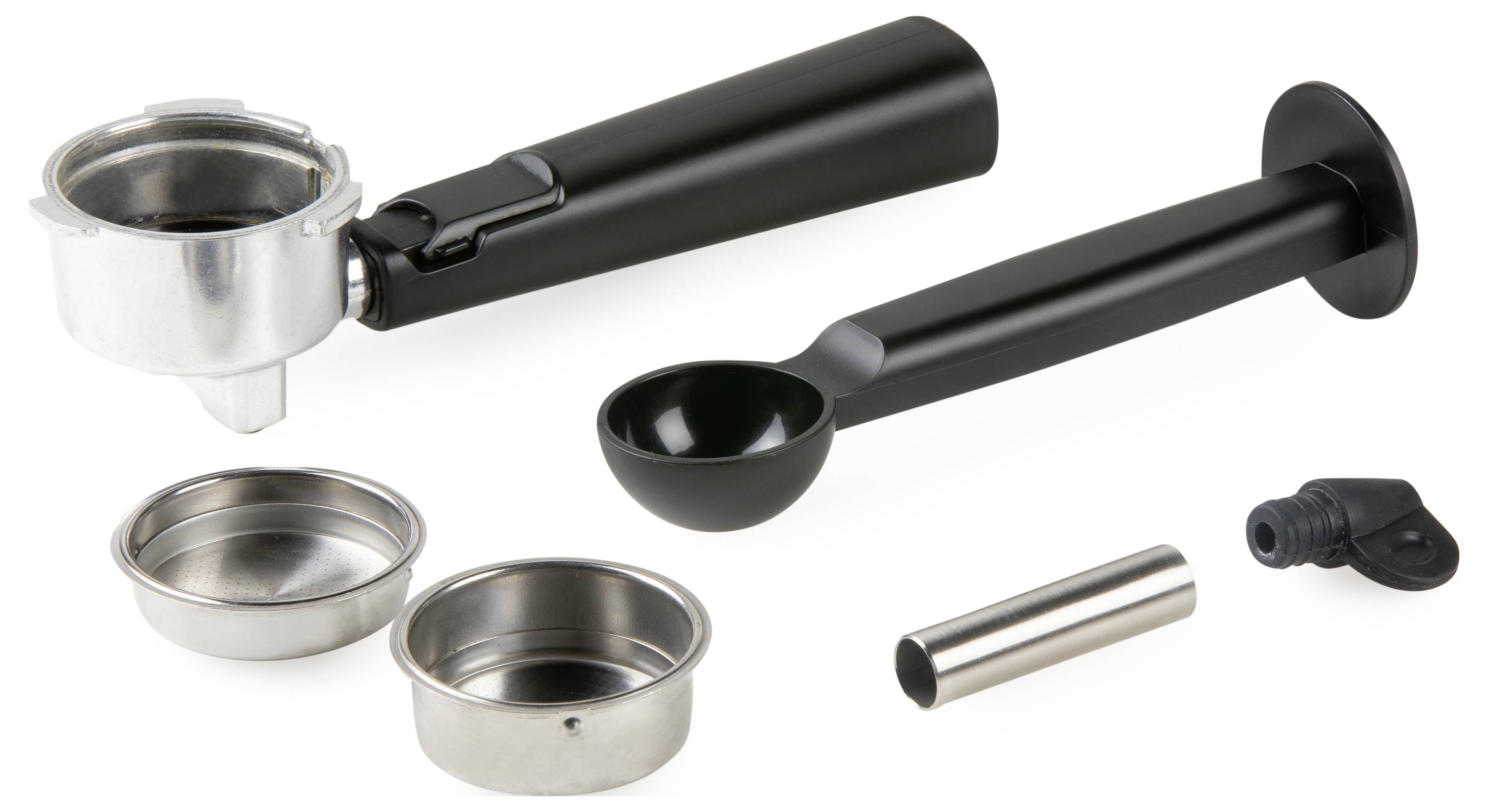 Espressomaschine Zubehör: Schwarzer Griffhalter, zwei Siebeinsätze, Kaffeelöffel mit schwarzem Griff, Metallrohr und Gummiventil.