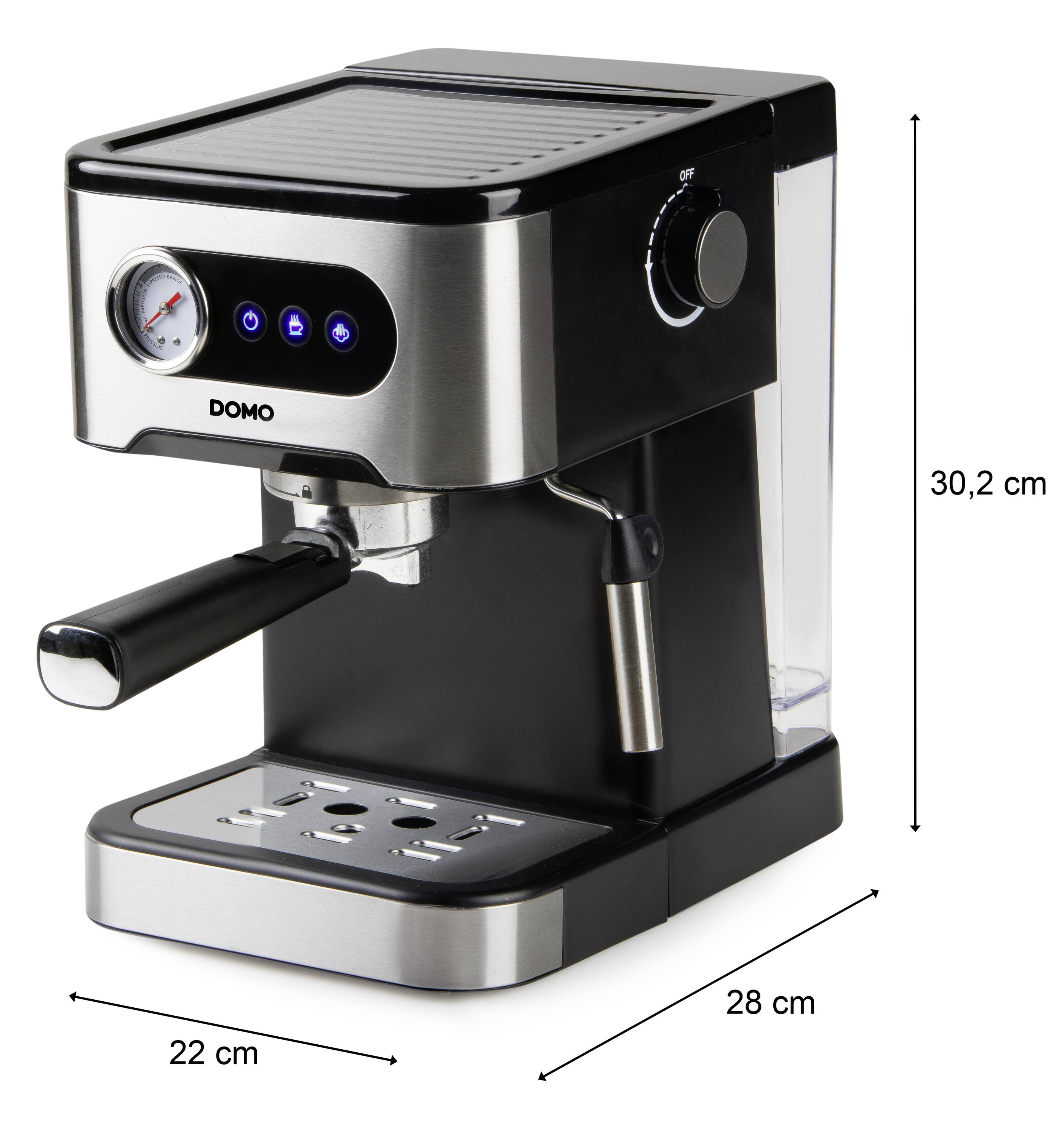 Espressomaschine mit Dampfdüse, Manometer und Wassertank. Schwarzes Gehäuse mit silbernen Akzenten. Maße: 22 cm x 28 cm x 30,2 cm.