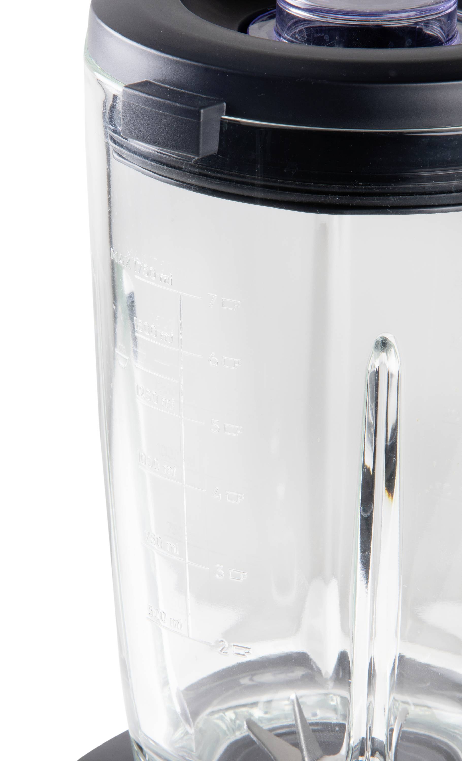 Ein transparenter Mixbehälter mit Messmarkierungen auf der Seite, Teil eines elektrischen Küchenmixers.
