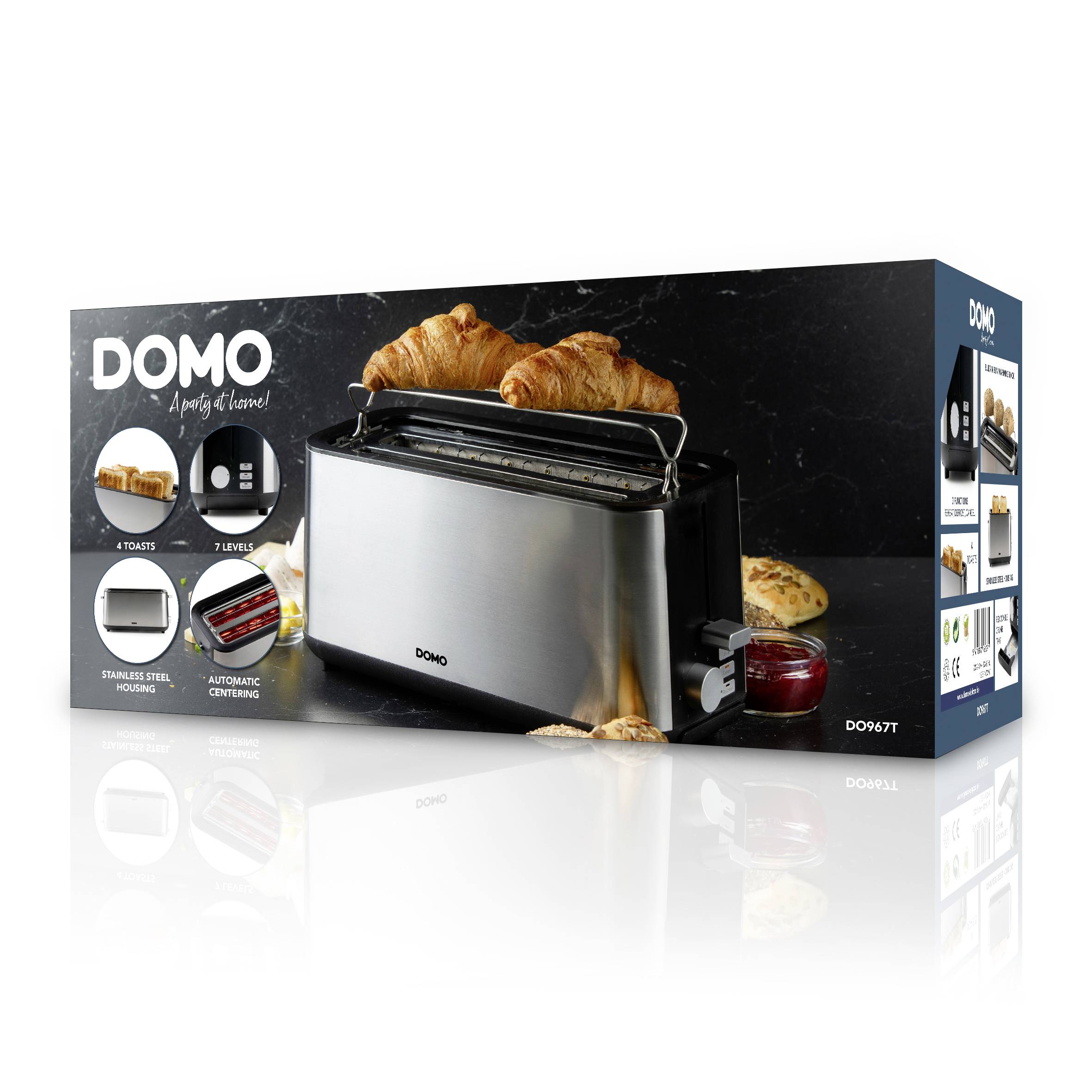 Ein Toaster in einer Verpackung, die vier Scheiben fasst, mit Edelstahlgehäuse. Auf dem Bild liegen Croissants auf dem Toaster.