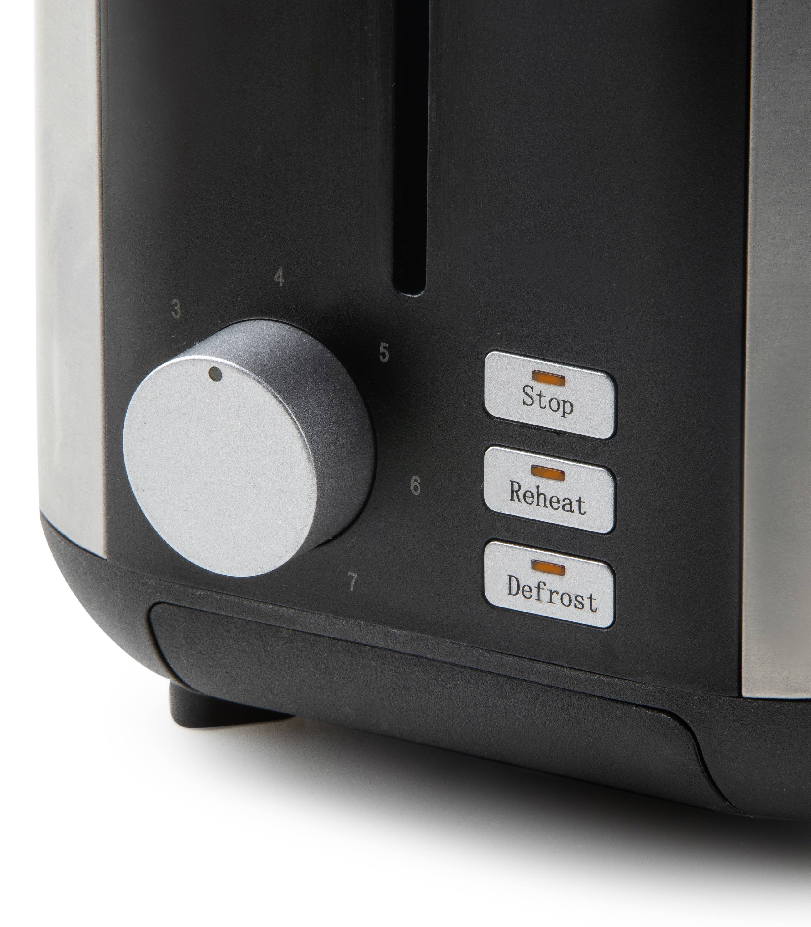 Toaster mit drei Knöpfen: 'Stop', 'Reheat', 'Defrost' und einem Drehregler für sieben Stufen.